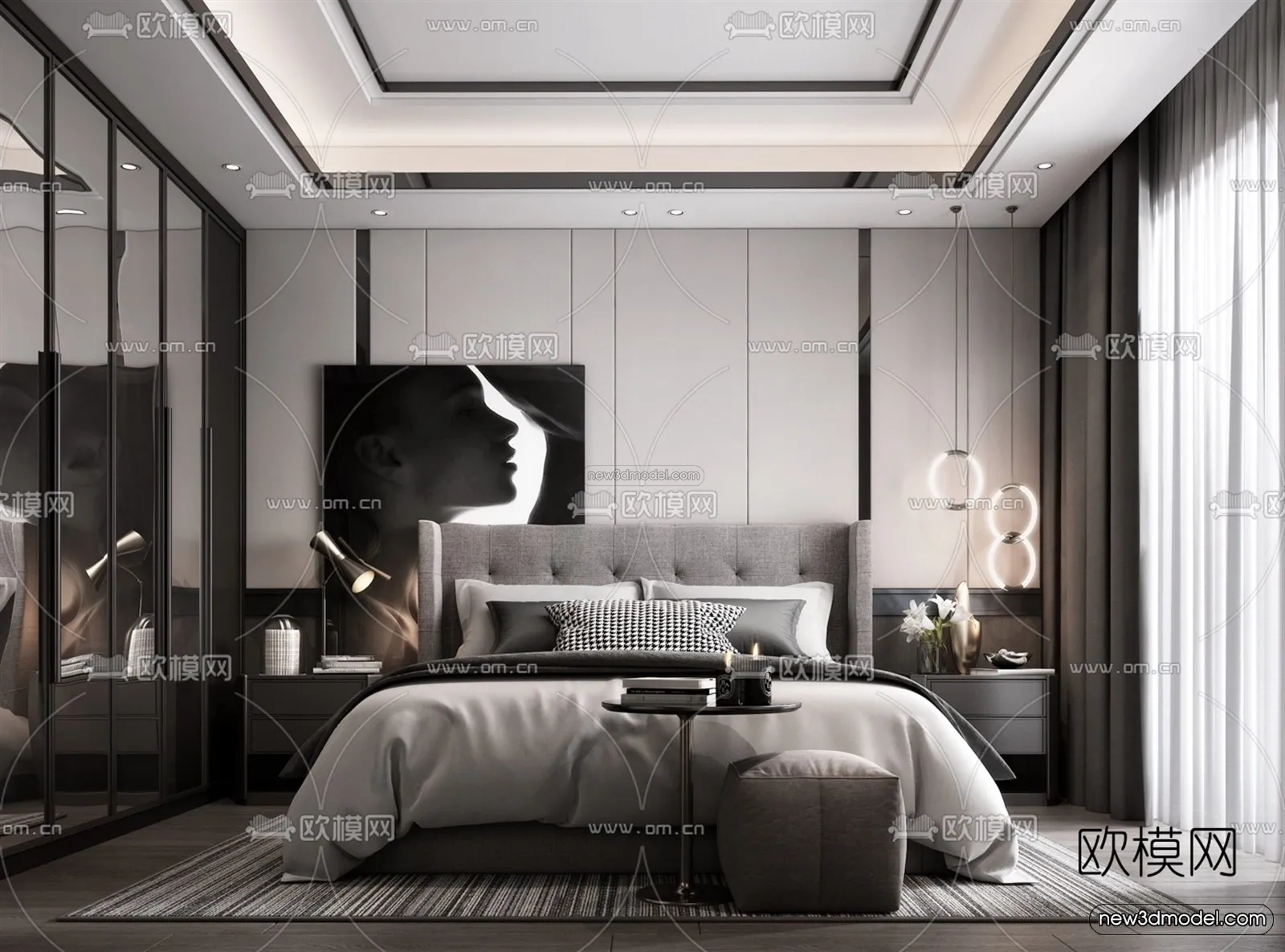 Black – White – Gray Colors Interior 3D Blocks – Bedroom 3D Scene – 195 – VRAY