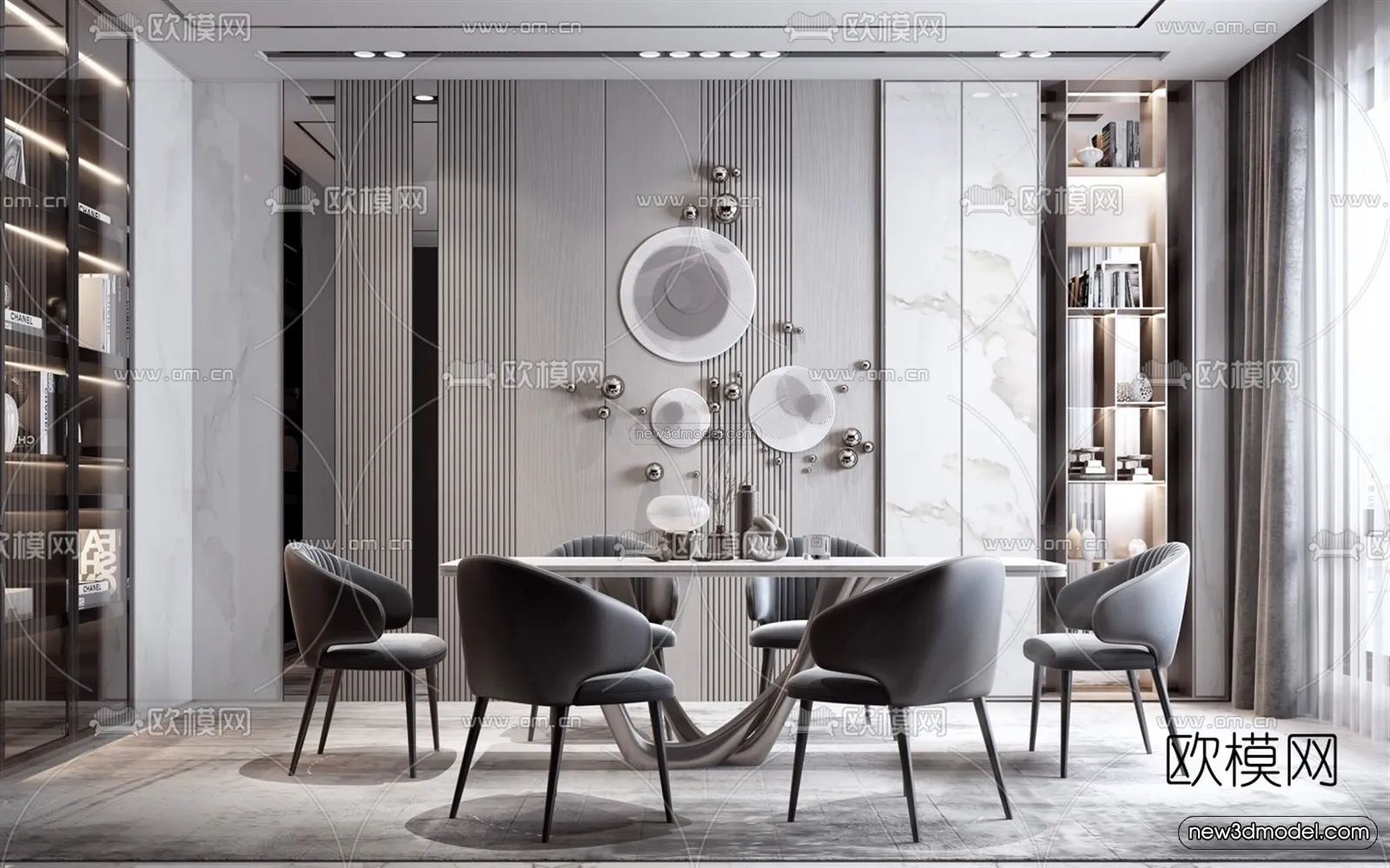Black – White – Gray Colors Interior 3D Blocks – Dining Room 3D Scene – 133 – VRAY