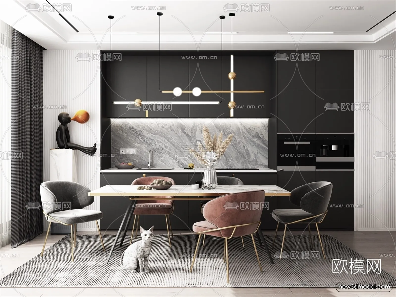 Black – White – Gray Colors Interior 3D Blocks – Dining Room 3D Scene – 134 – VRAY