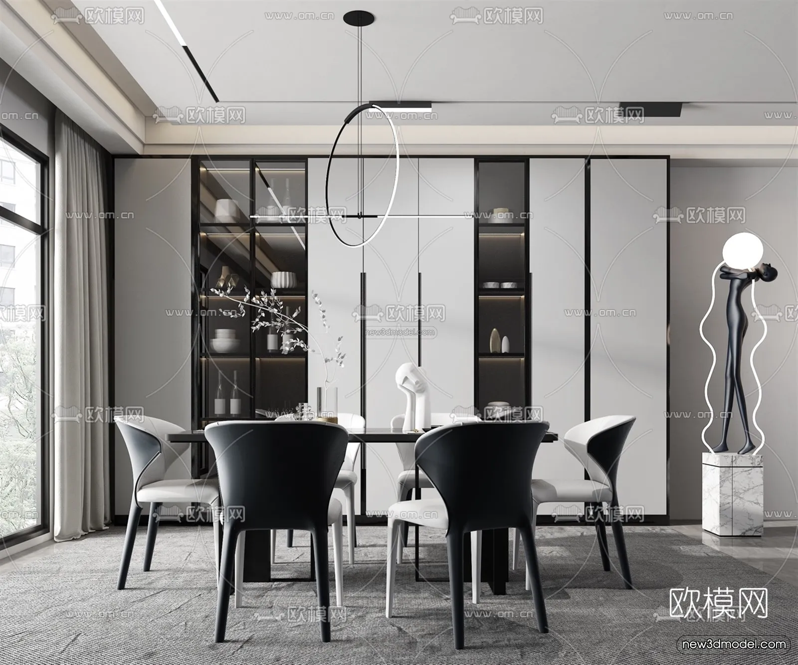 Black – White – Gray Colors Interior 3D Blocks – Dining Room 3D Scene – 136 – VRAY