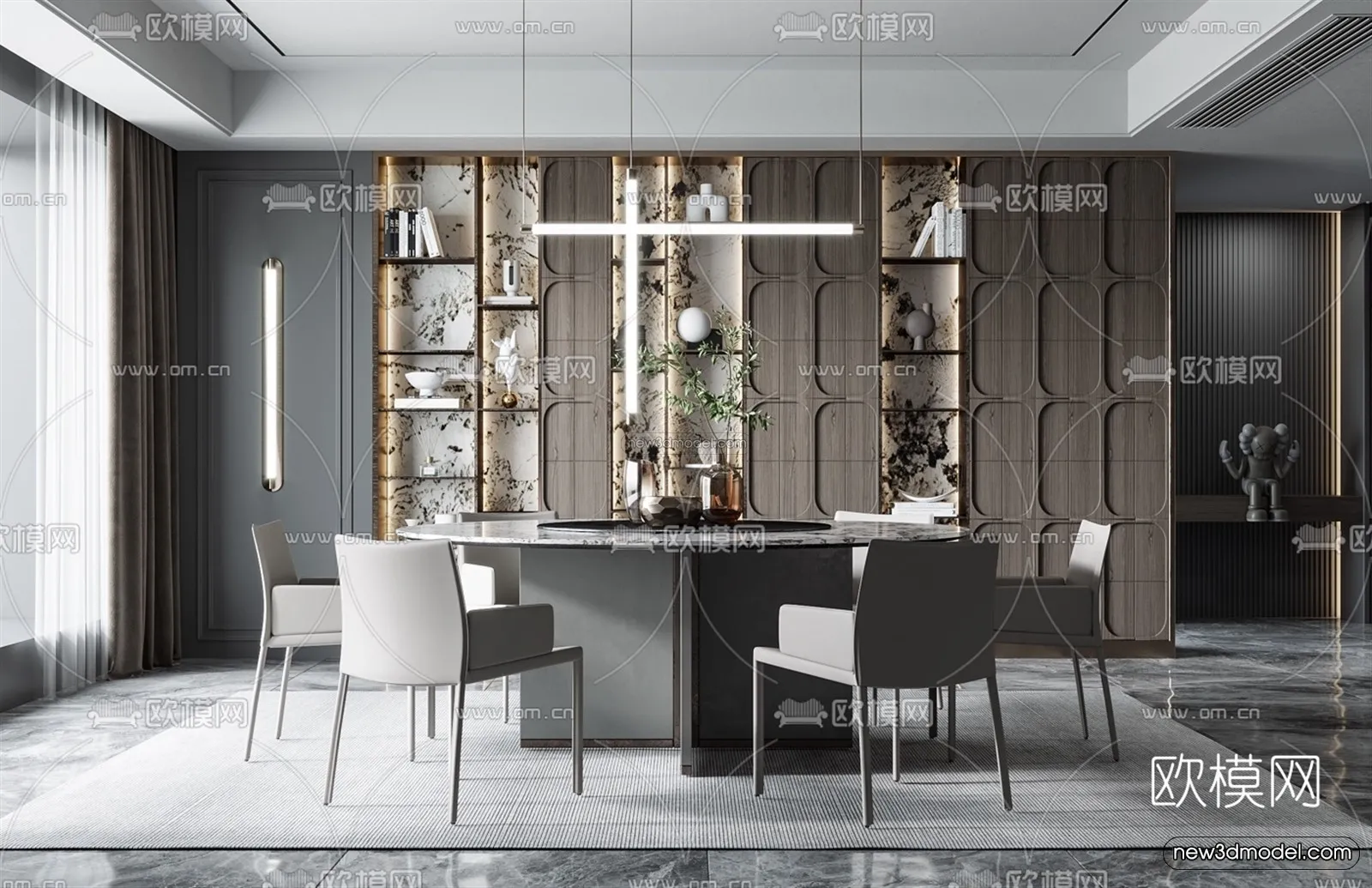 Black – White – Gray Colors Interior 3D Blocks – Dining Room 3D Scene – 137 – VRAY