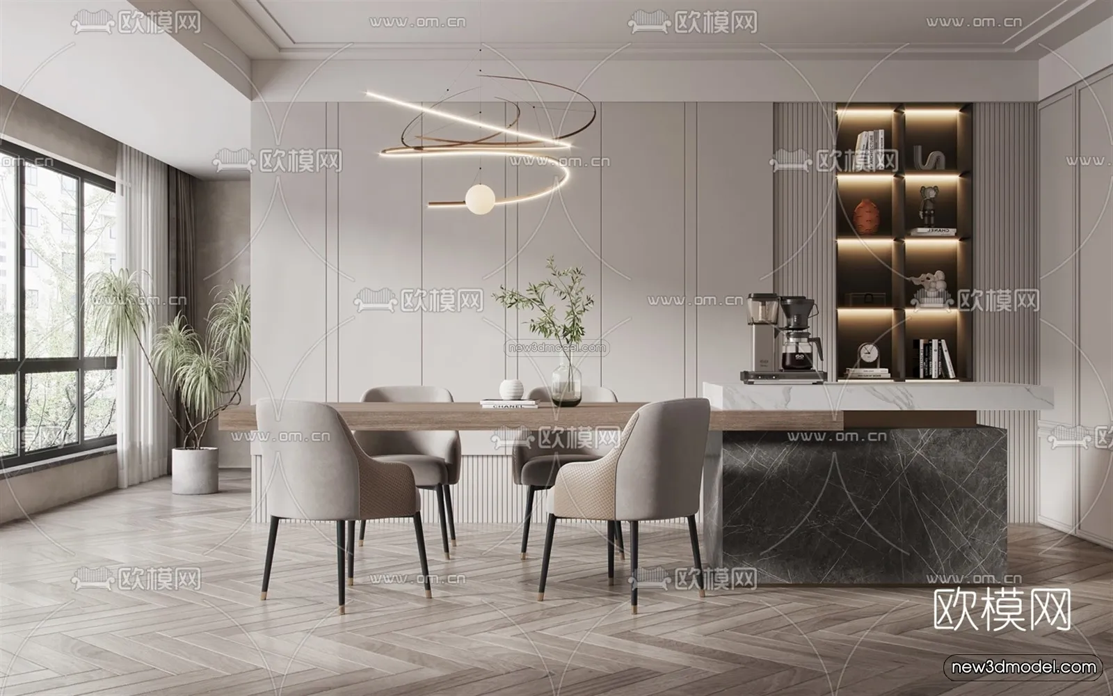 Black – White – Gray Colors Interior 3D Blocks – Dining Room 3D Scene – 138 – VRAY
