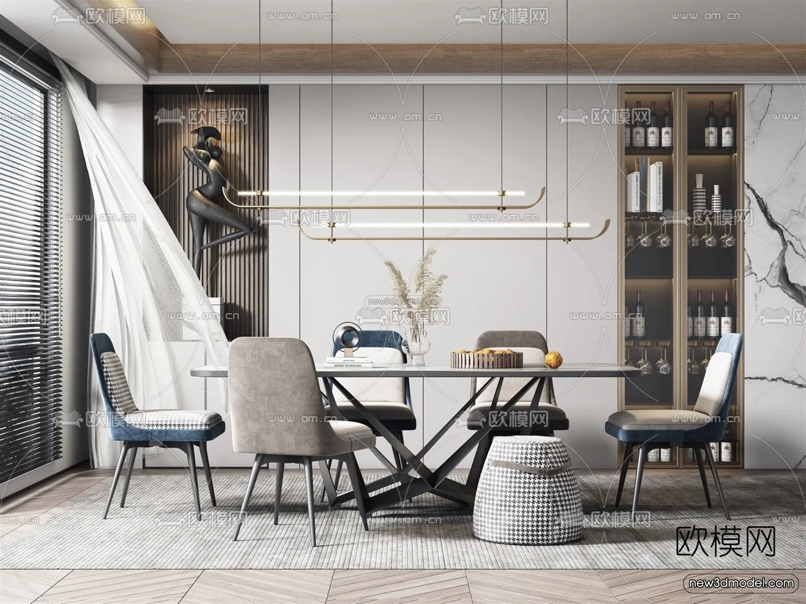 Black – White – Gray Colors Interior 3D Blocks – Dining Room 3D Scene – 139 – VRAY