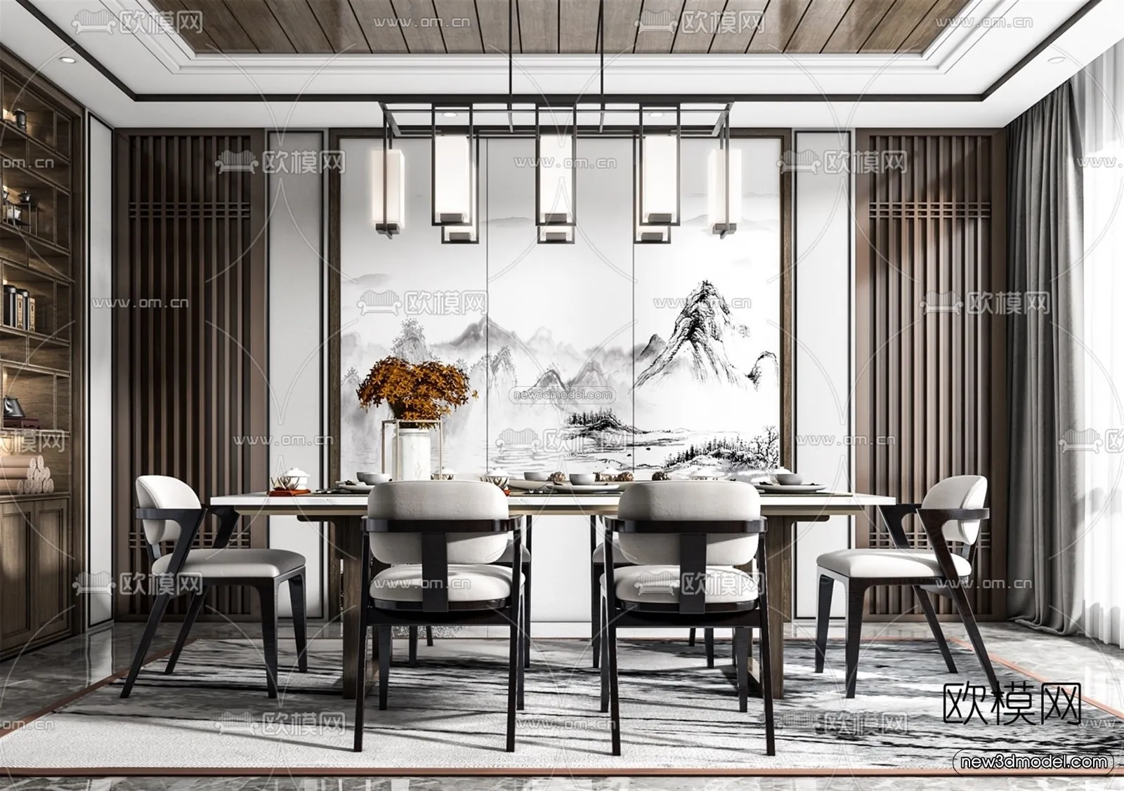 Black – White – Gray Colors Interior 3D Blocks – Dining Room 3D Scene – 141 – VRAY