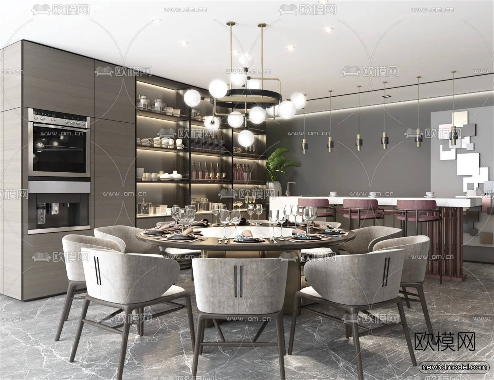 Black – White – Gray Colors Interior 3D Blocks – Dining Room 3D Scene – 142 – VRAY