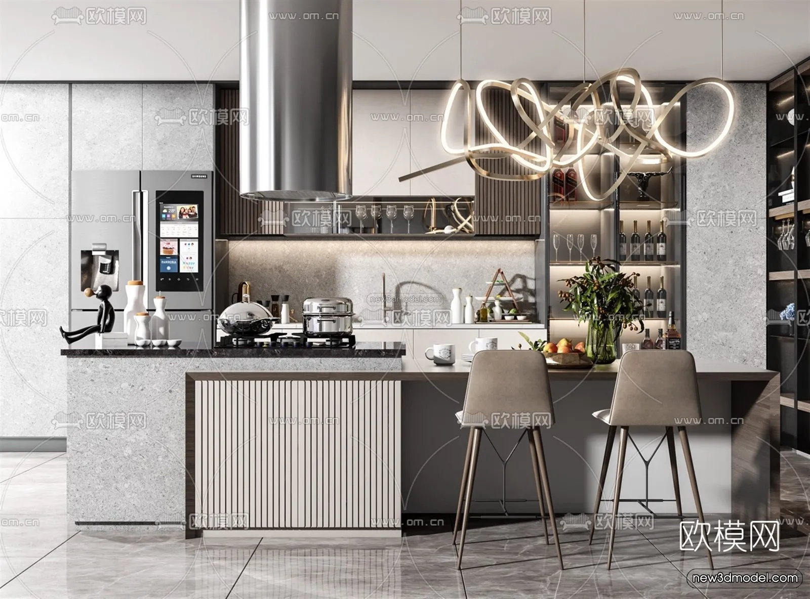 Black – White – Gray Colors Interior 3D Blocks – Kitchen 3D Scene – 209 – VRAY
