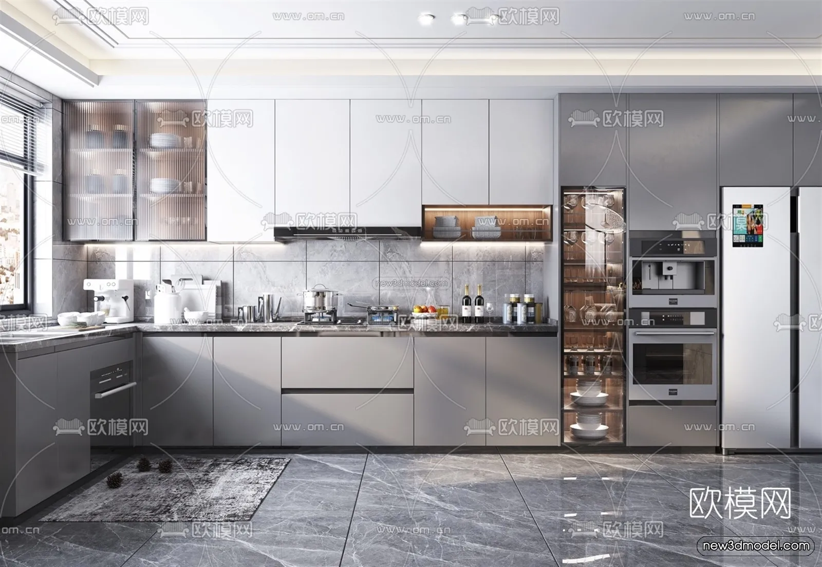 Black – White – Gray Colors Interior 3D Blocks – Kitchen 3D Scene – 219 – VRAY