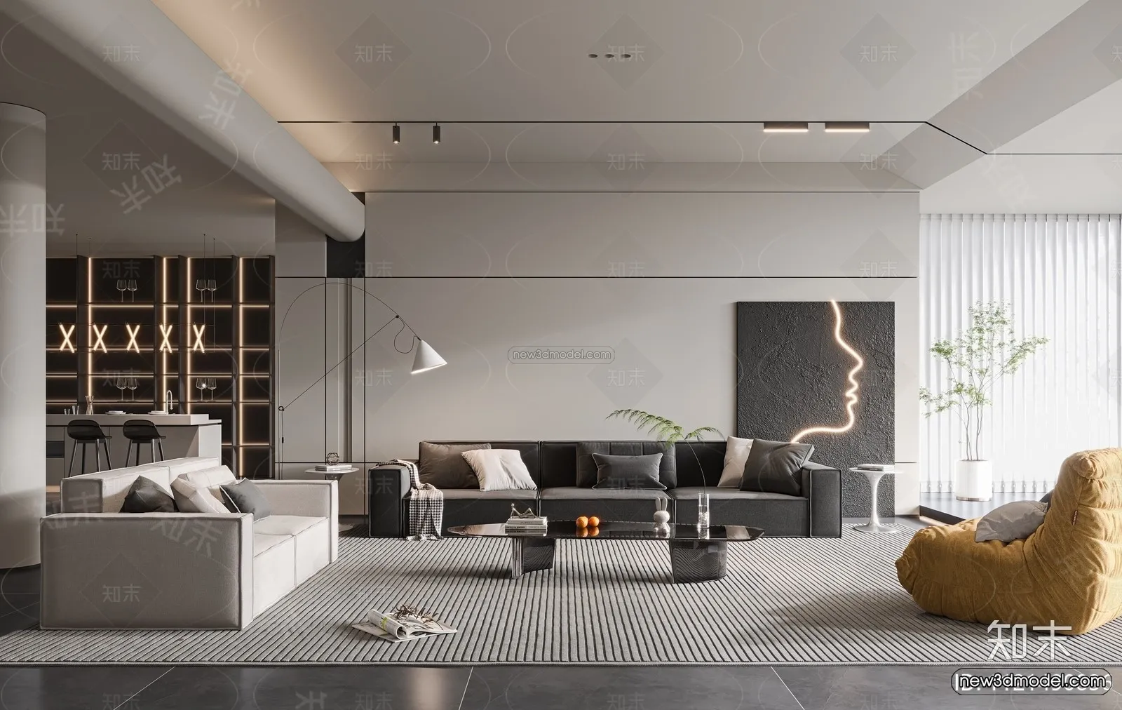 Black – White – Gray Colors Interior 3D Blocks – Living Room 3D Scene – 002 – VRAY