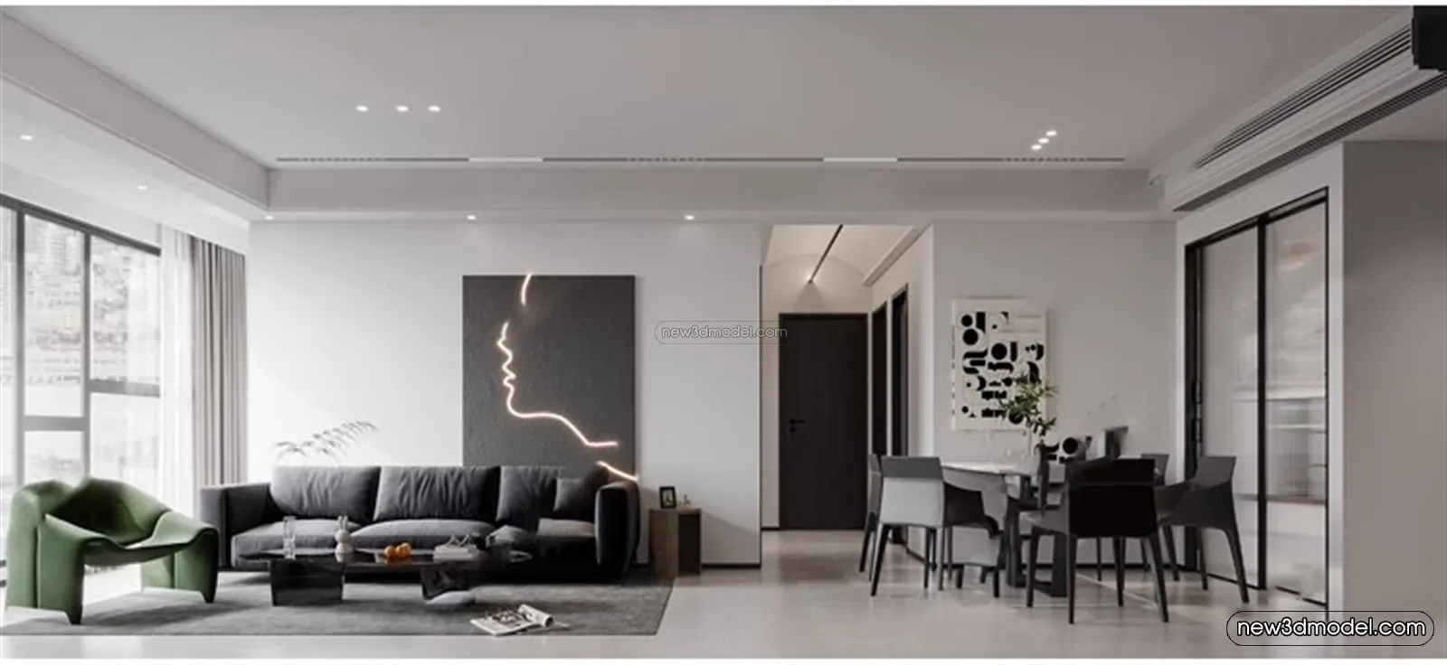 Black – White – Gray Colors Interior 3D Blocks – Living Room 3D Scene – 006 – VRAY