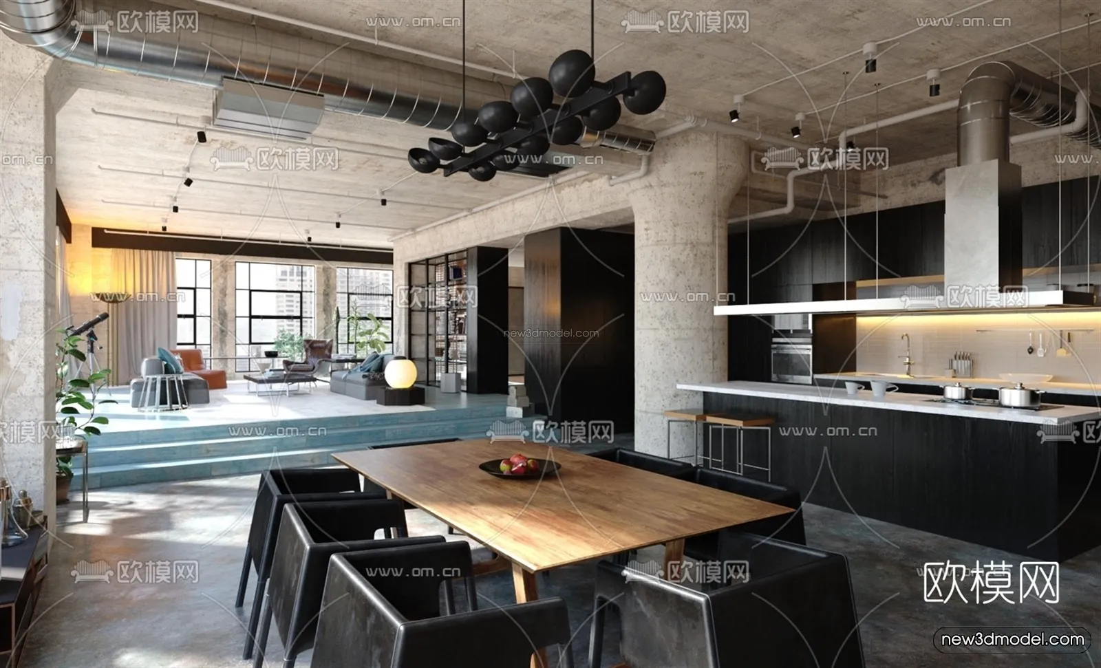 Black – White – Gray Colors Interior 3D Blocks – Living Room 3D Scene – 008 – VRAY