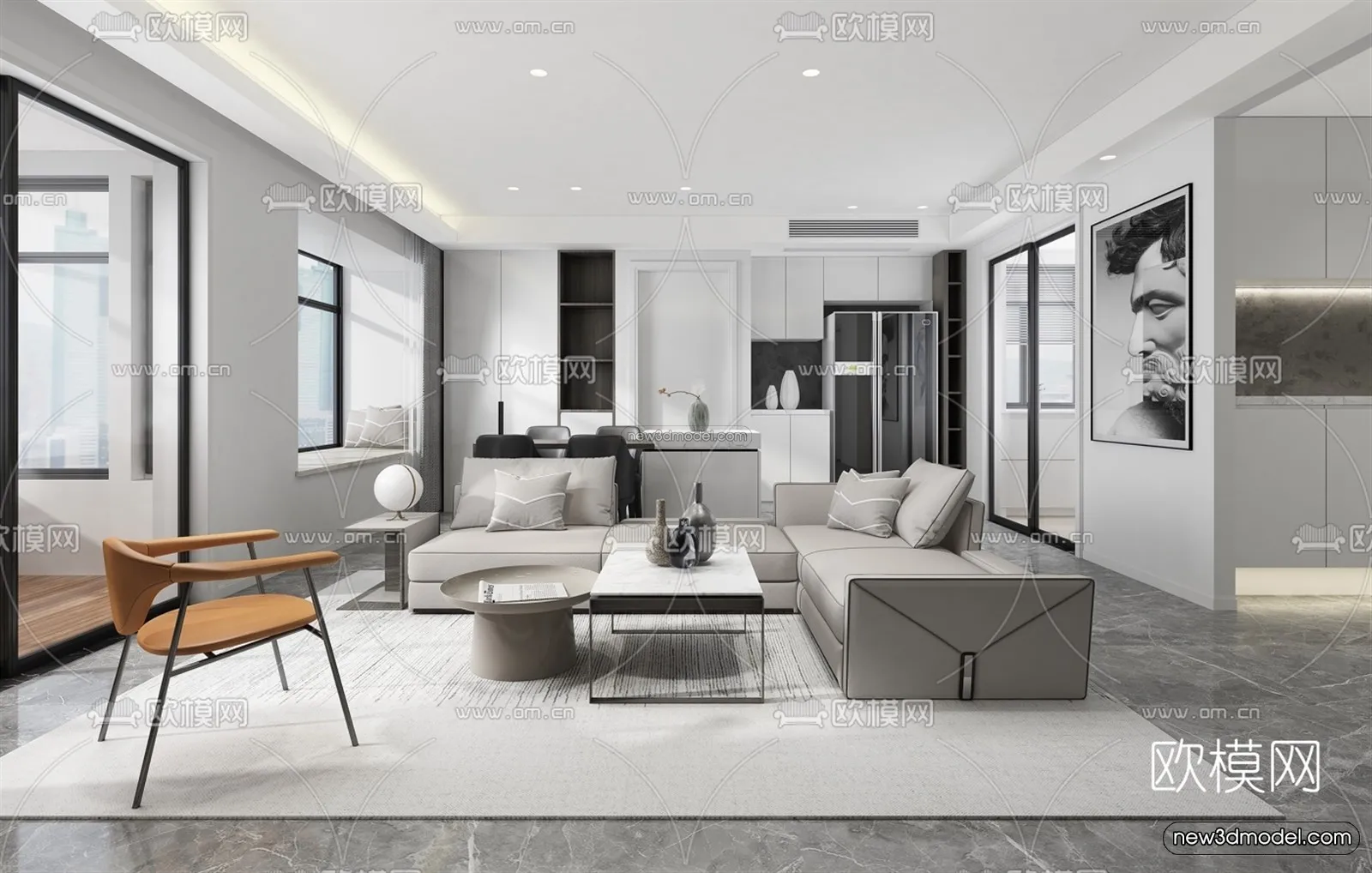 Black – White – Gray Colors Interior 3D Blocks – Living Room 3D Scene – 014 – VRAY
