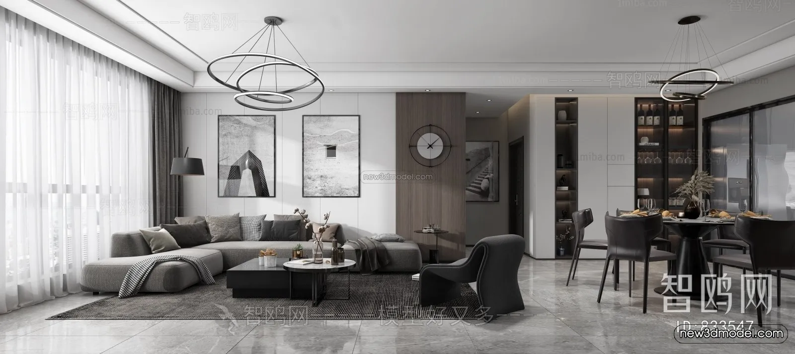 Black – White – Gray Colors Interior 3D Blocks – Living Room 3D Scene – 016 – VRAY