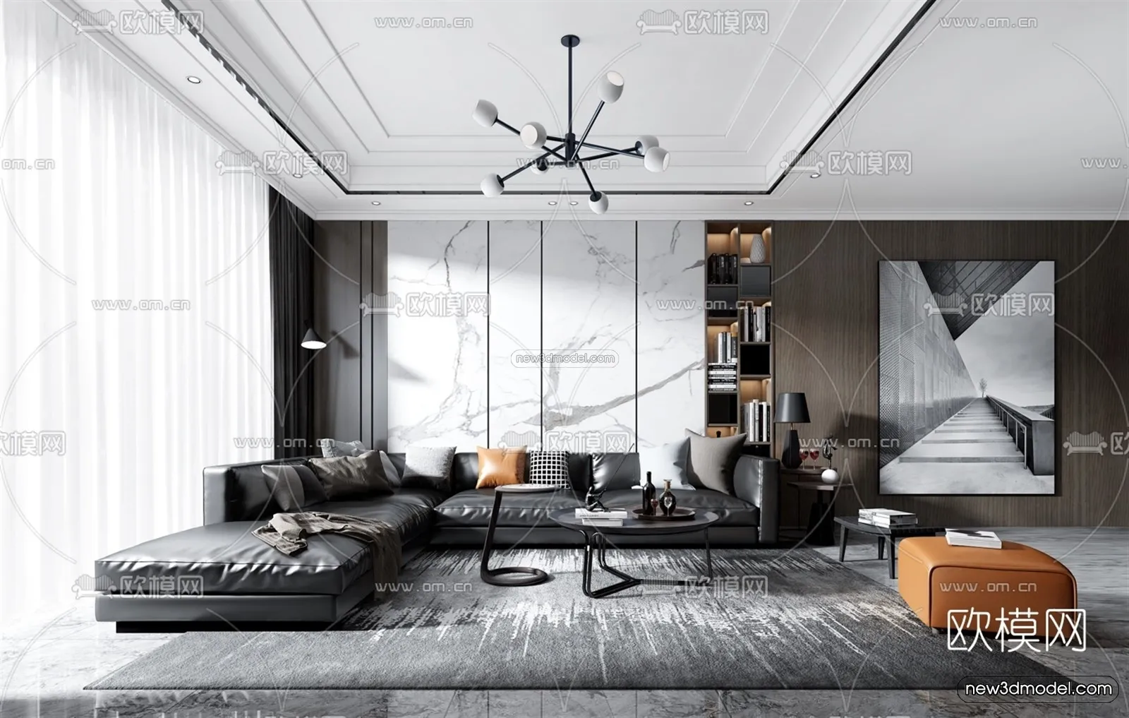 Black – White – Gray Colors Interior 3D Blocks – Living Room 3D Scene – 020 – VRAY