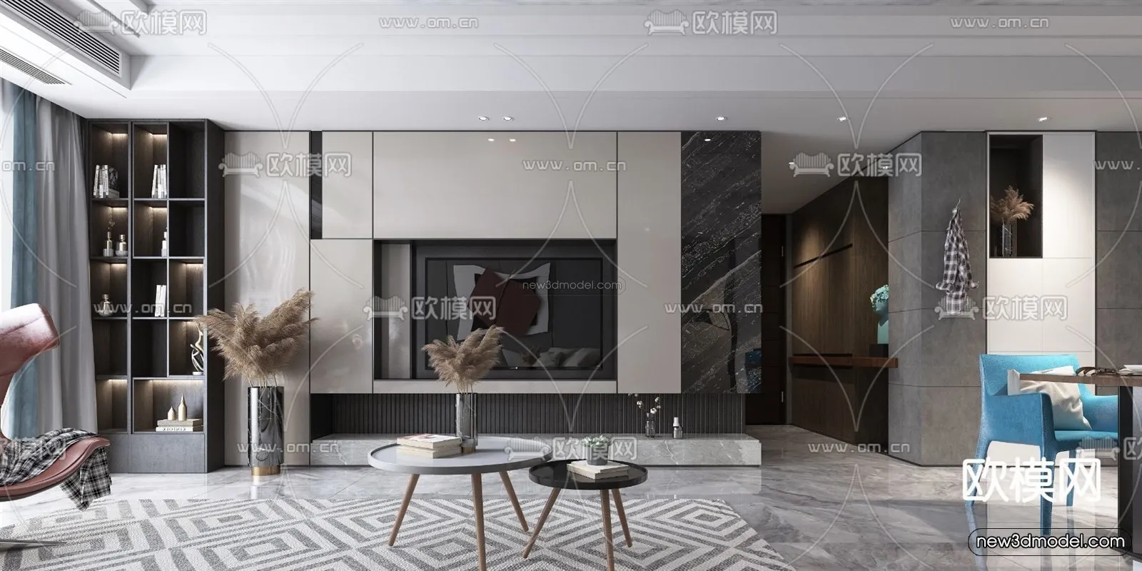 Black – White – Gray Colors Interior 3D Blocks – Living Room 3D Scene – 021 – VRAY