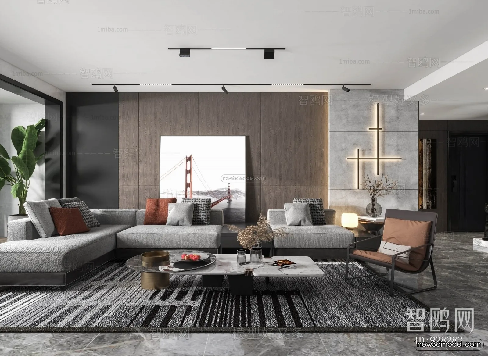Black – White – Gray Colors Interior 3D Blocks – Living Room 3D Scene – 025 – VRAY