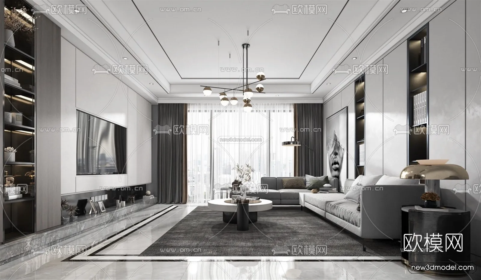 Black – White – Gray Colors Interior 3D Blocks – Living Room 3D Scene – 026 – VRAY