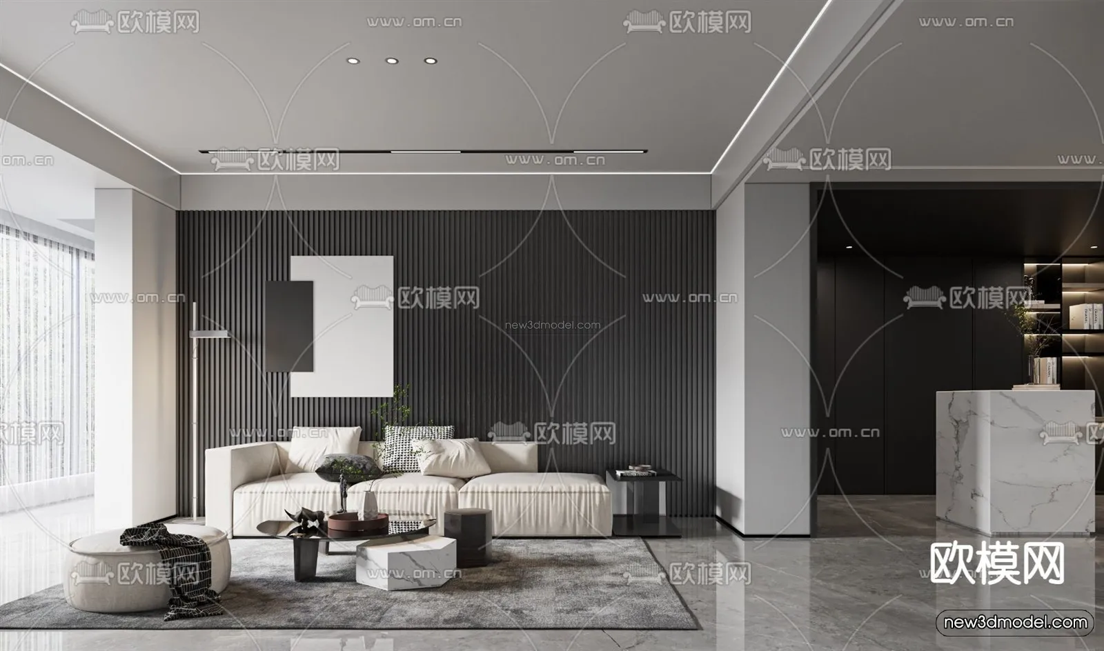 Black – White – Gray Colors Interior 3D Blocks – Living Room 3D Scene – 028 – CORONA