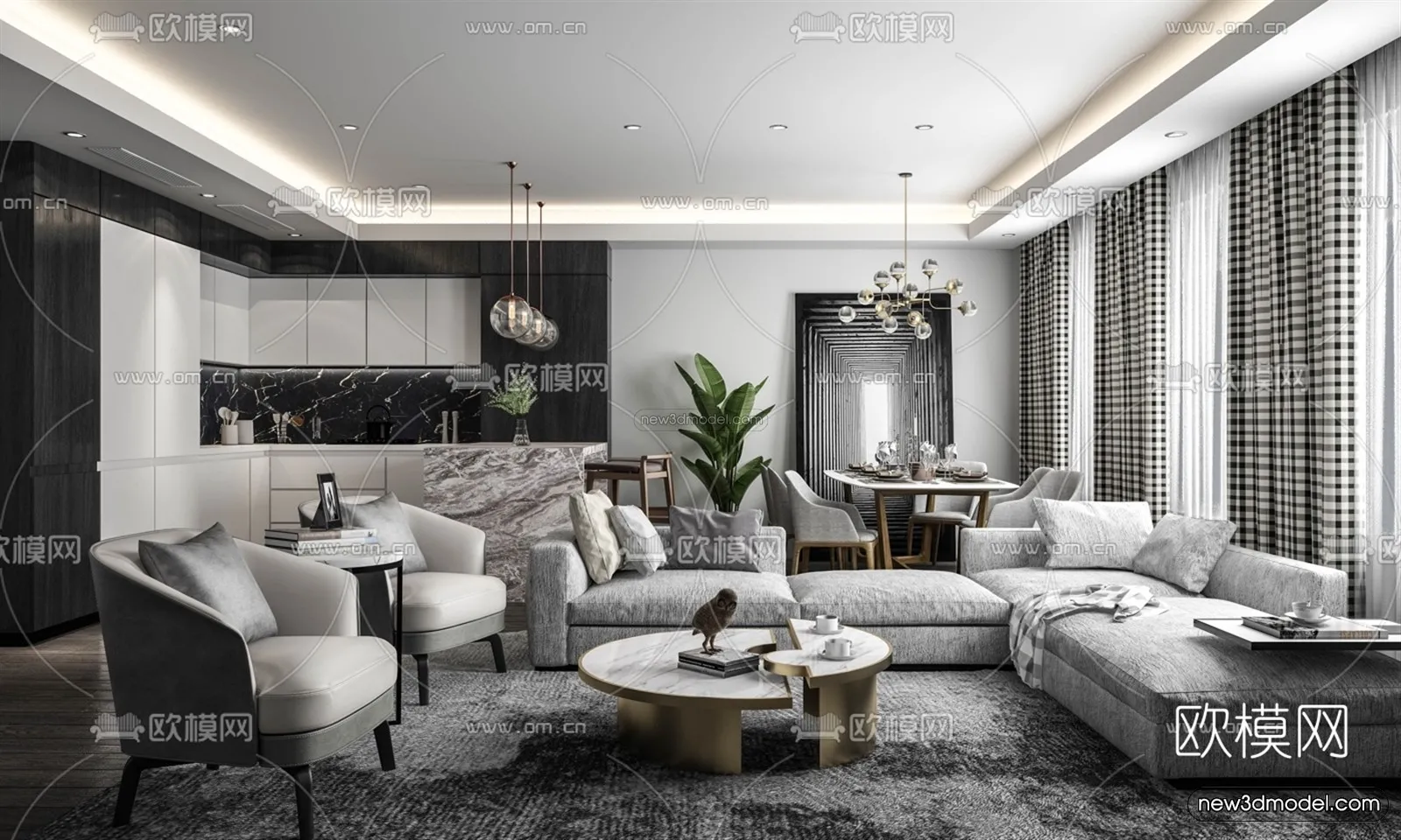 Black – White – Gray Colors Interior 3D Blocks – Living Room 3D Scene – 029 – VRAY
