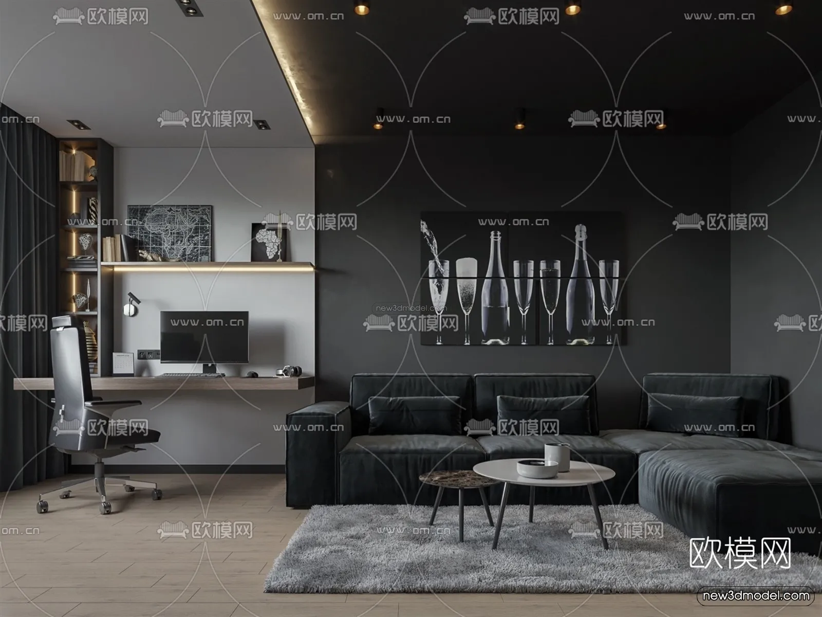 Black – White – Gray Colors Interior 3D Blocks – Living Room 3D Scene – 030 – CORONA