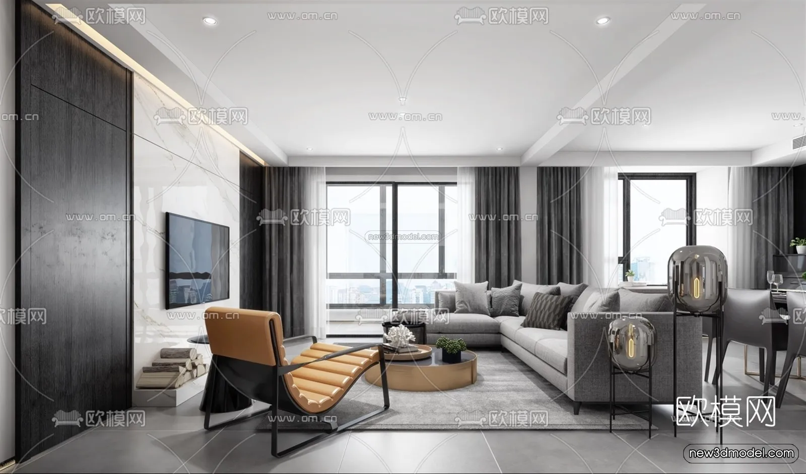 Black – White – Gray Colors Interior 3D Blocks – Living Room 3D Scene – 031 – VRAY
