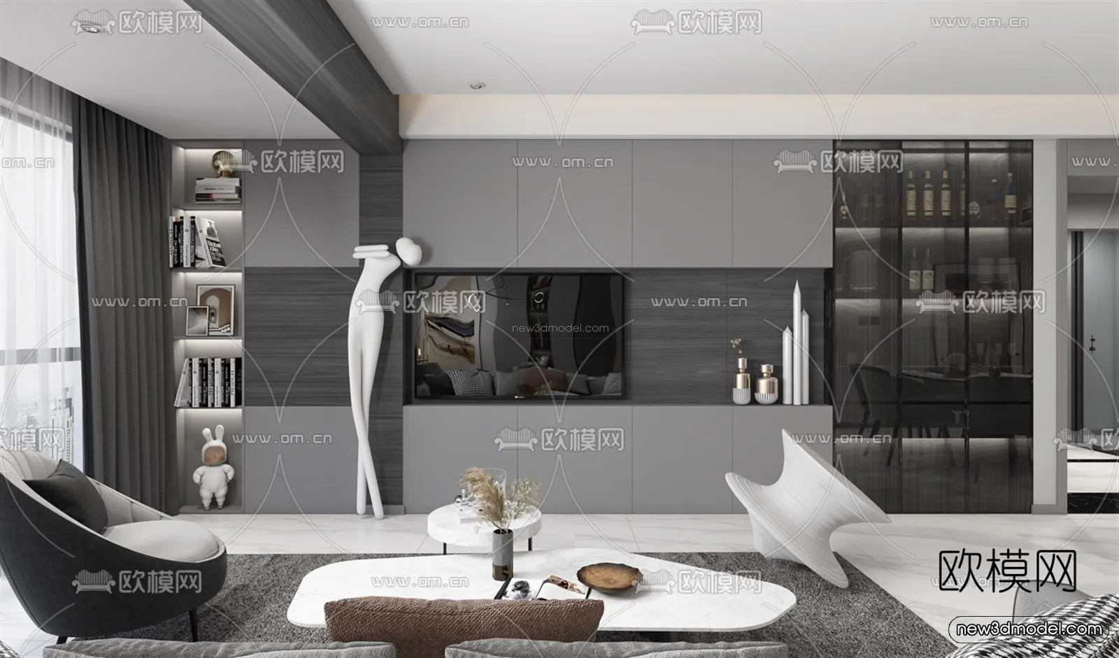 Black – White – Gray Colors Interior 3D Blocks – Living Room 3D Scene – 033 – VRAY