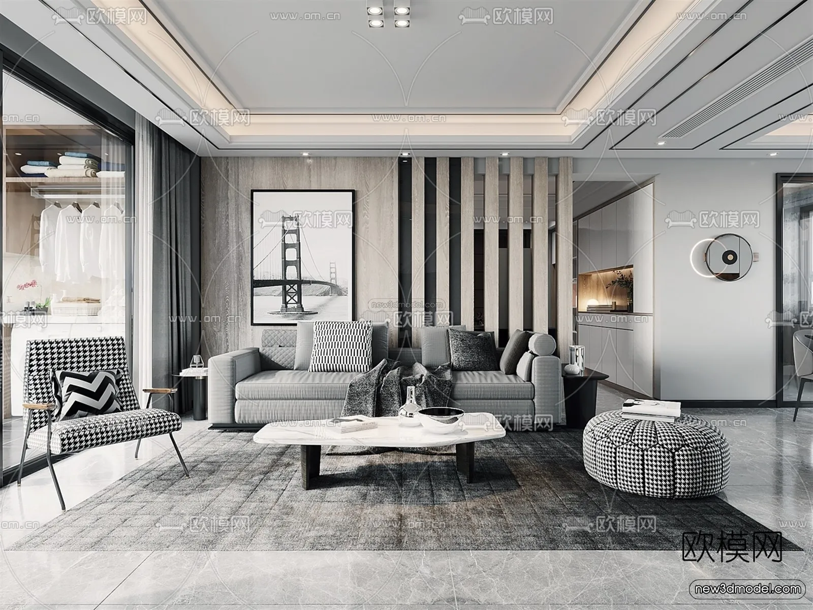 Black – White – Gray Colors Interior 3D Blocks – Living Room 3D Scene – 038 – VRAY