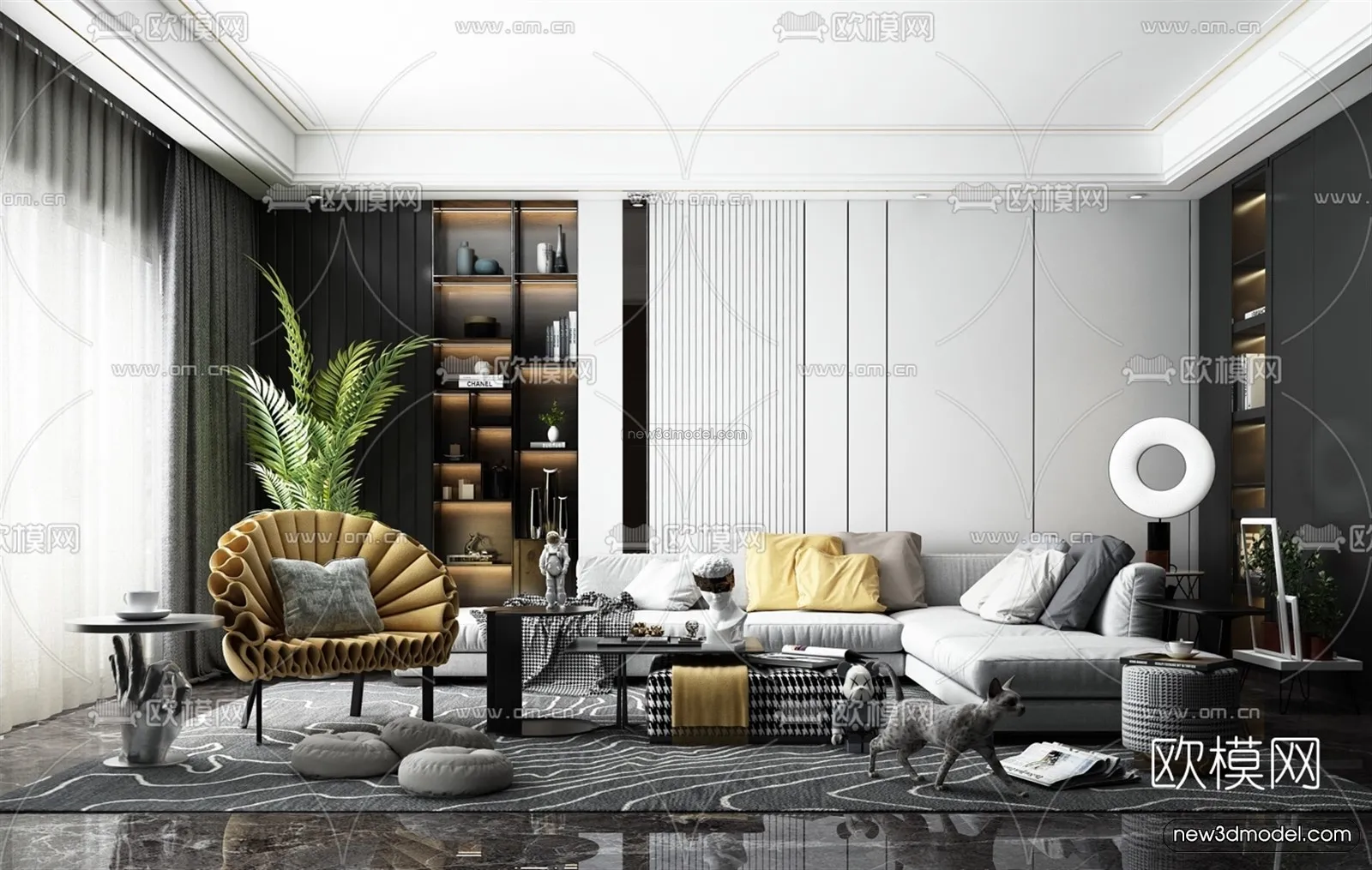Black – White – Gray Colors Interior 3D Blocks – Living Room 3D Scene – 041 – VRAY