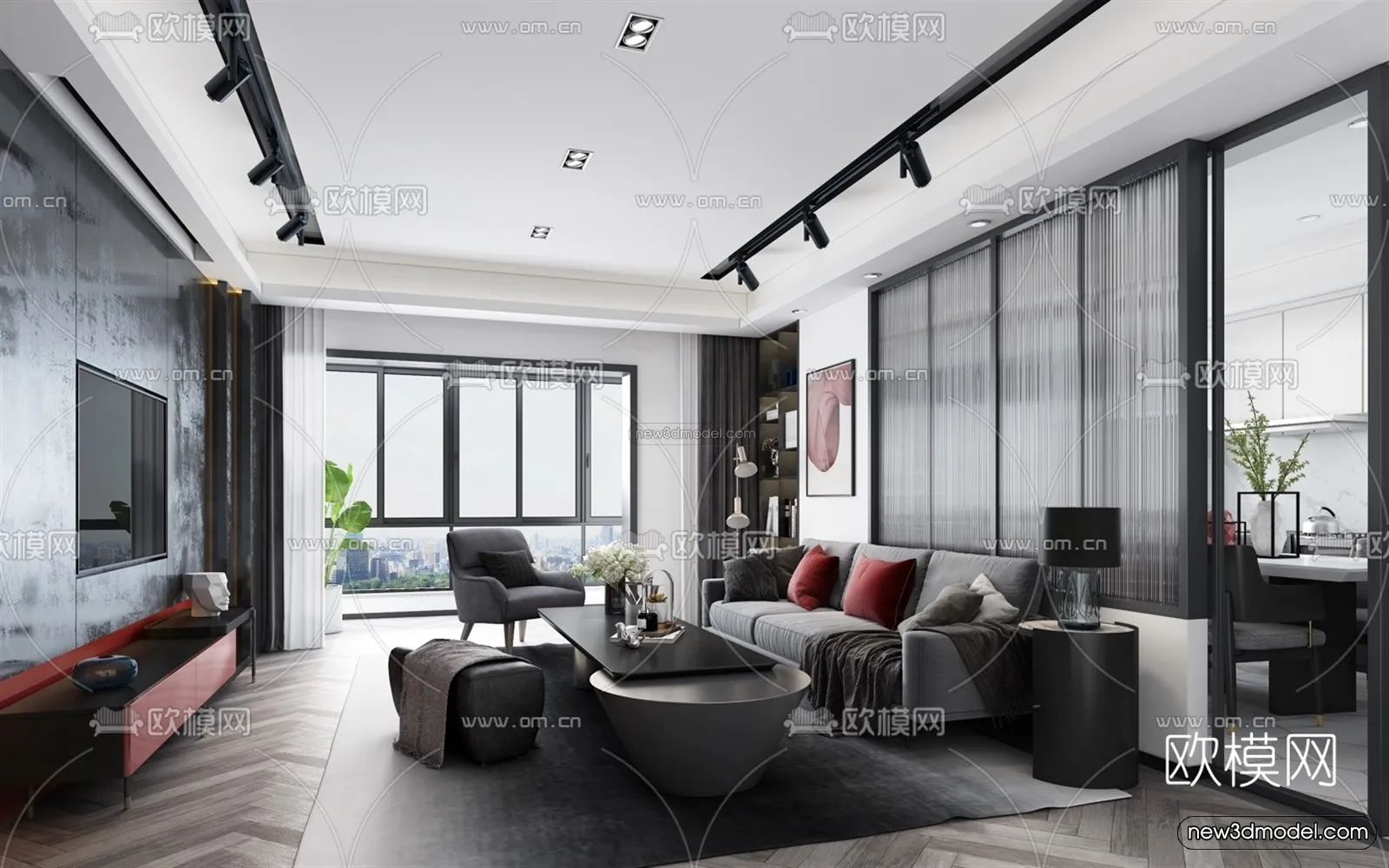 Black – White – Gray Colors Interior 3D Blocks – Living Room 3D Scene – 042 – VRAY