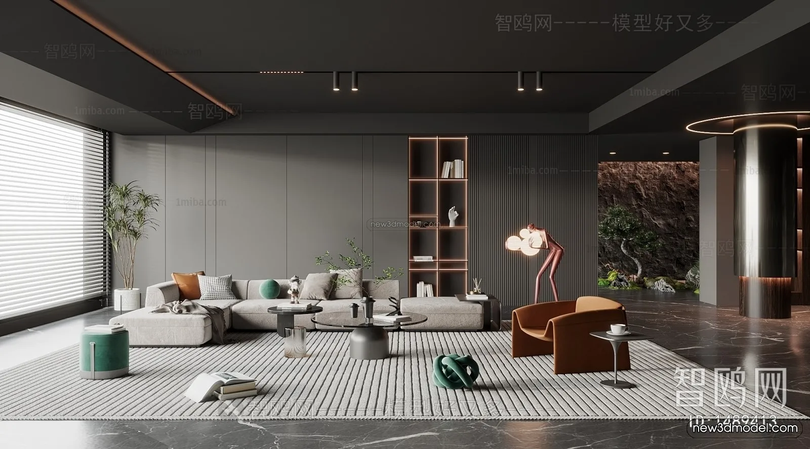 Black – White – Gray Colors Interior 3D Blocks – Living Room 3D Scene – 051 – VRAY