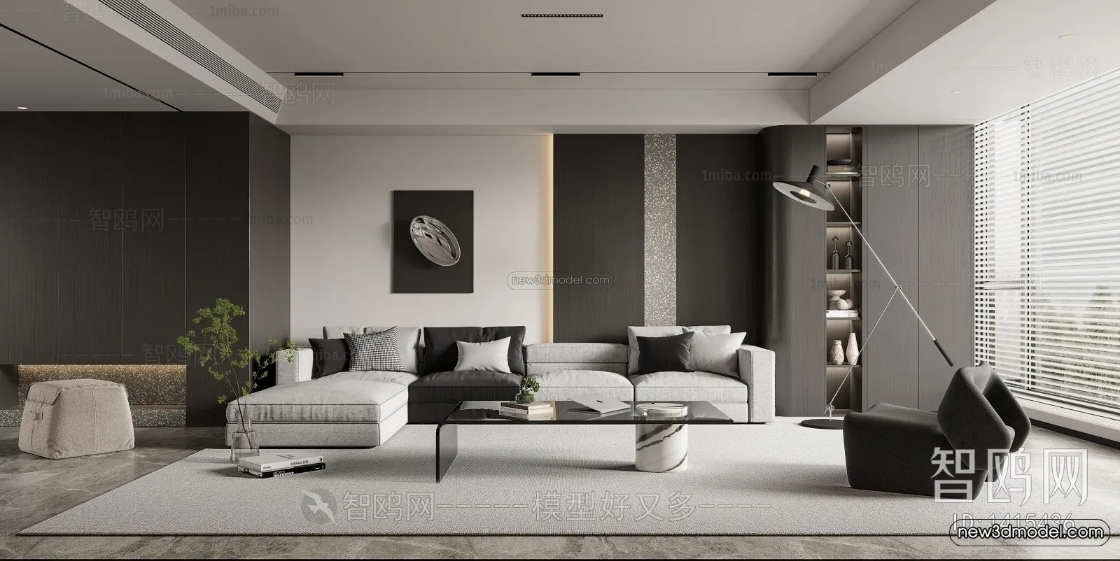 Black – White – Gray Colors Interior 3D Blocks – Living Room 3D Scene – 053 – VRAY