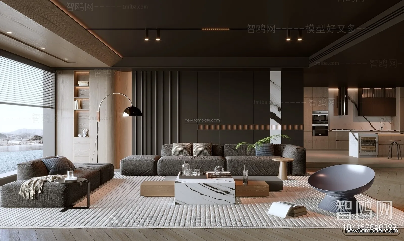 Black – White – Gray Colors Interior 3D Blocks – Living Room 3D Scene – 054 – VRAY