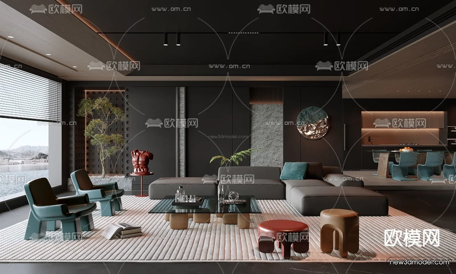 Black – White – Gray Colors Interior 3D Blocks – Living Room 3D Scene – 055 – CORONA