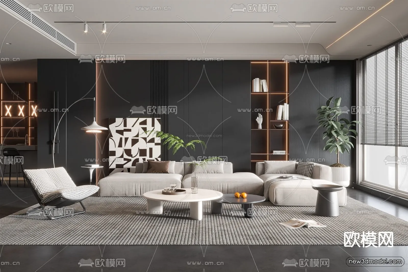 Black – White – Gray Colors Interior 3D Blocks – Living Room 3D Scene – 056 – VRAY
