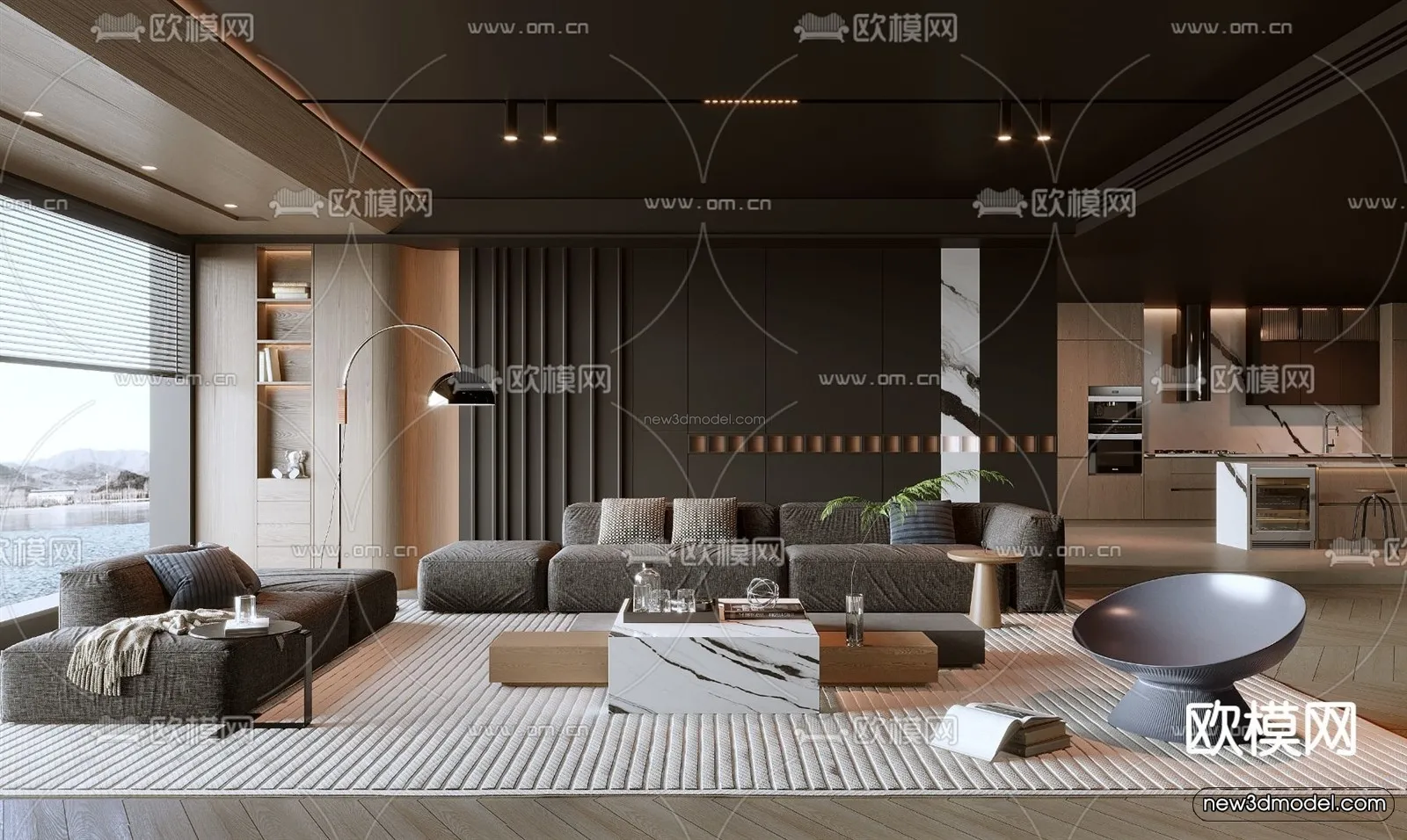Black – White – Gray Colors Interior 3D Blocks – Living Room 3D Scene – 061 – VRAY