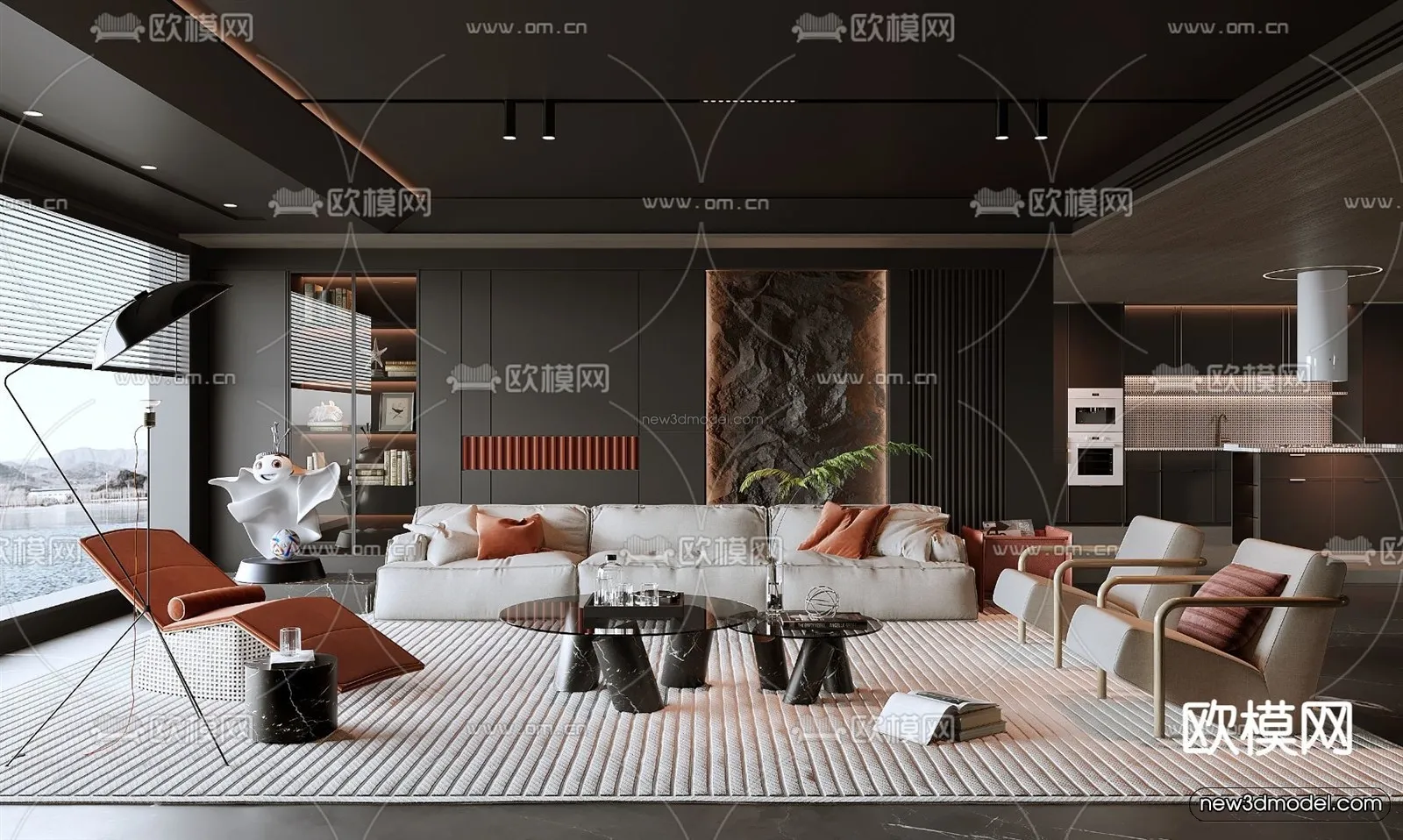 Black – White – Gray Colors Interior 3D Blocks – Living Room 3D Scene – 062 – VRAY