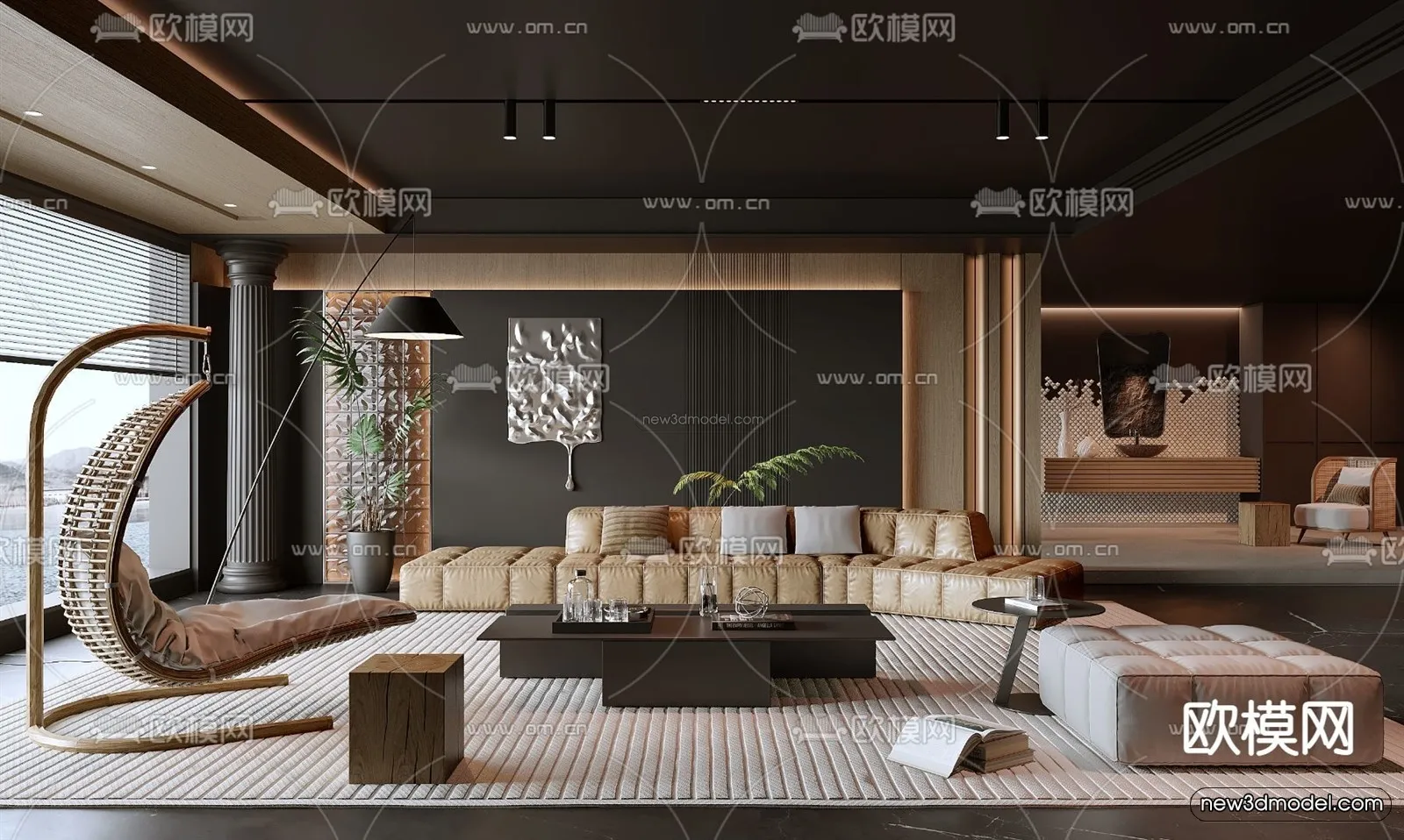 Black – White – Gray Colors Interior 3D Blocks – Living Room 3D Scene – 063 – VRAY