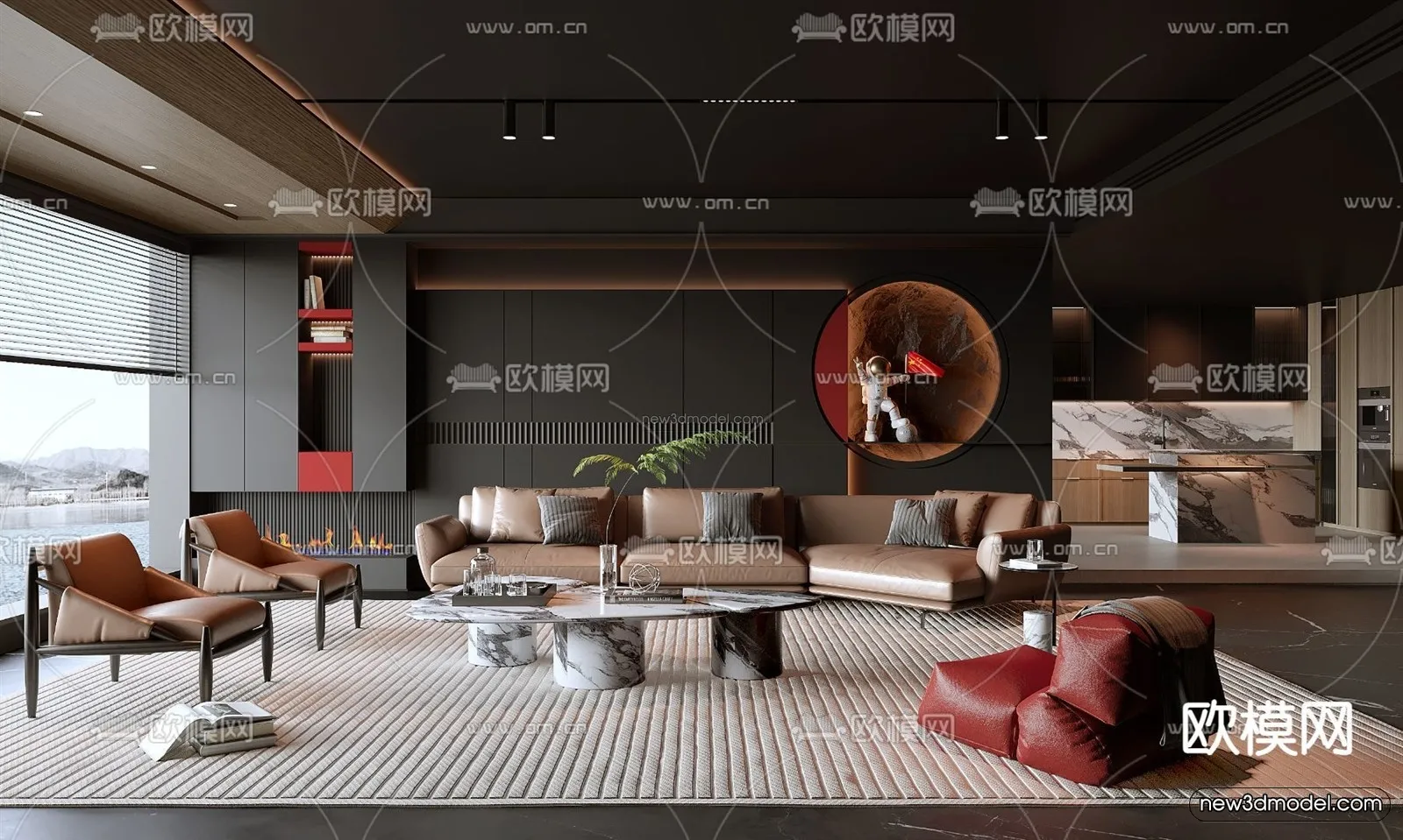Black – White – Gray Colors Interior 3D Blocks – Living Room 3D Scene – 065 – VRAY