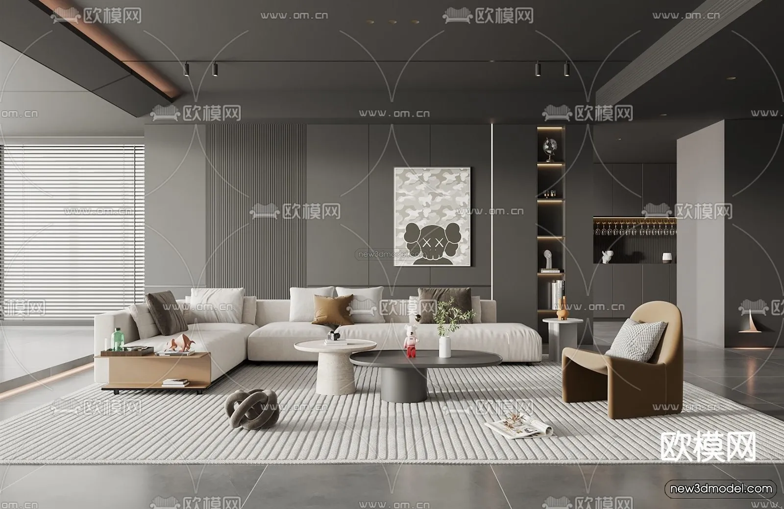Black – White – Gray Colors Interior 3D Blocks – Living Room 3D Scene – 066 – VRAY