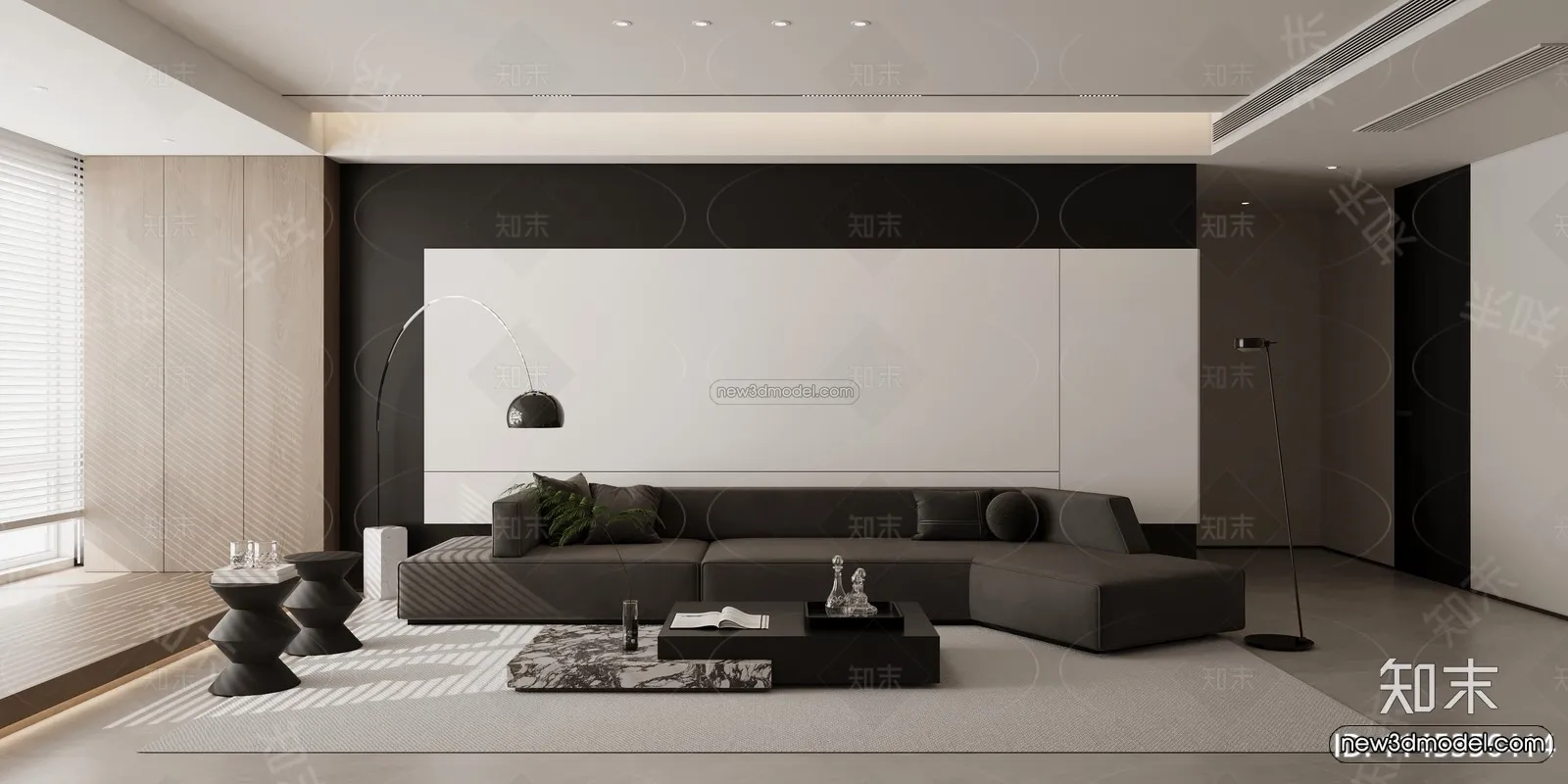 Black – White – Gray Colors Interior 3D Blocks – Living Room 3D Scene – 068 – CORONA