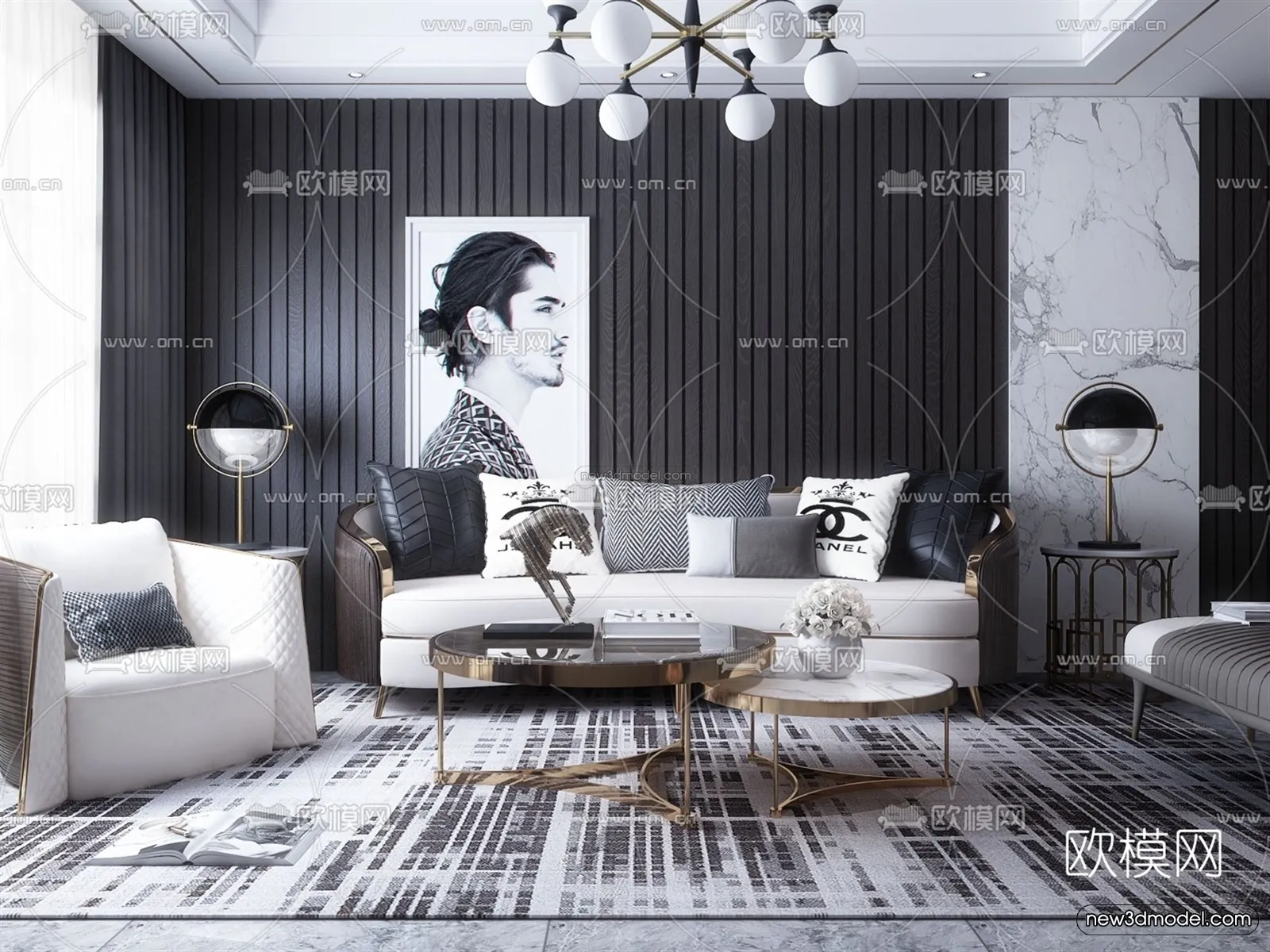 Black – White – Gray Colors Interior 3D Blocks – Living Room 3D Scene – 069 – VRAY