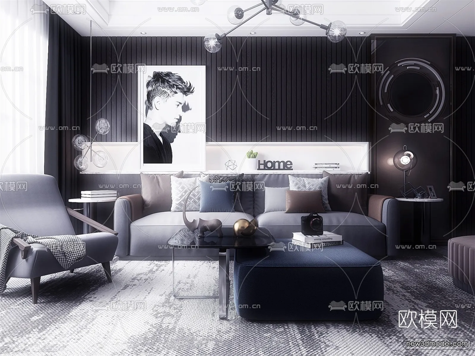 Black – White – Gray Colors Interior 3D Blocks – Living Room 3D Scene – 070 – VRAY