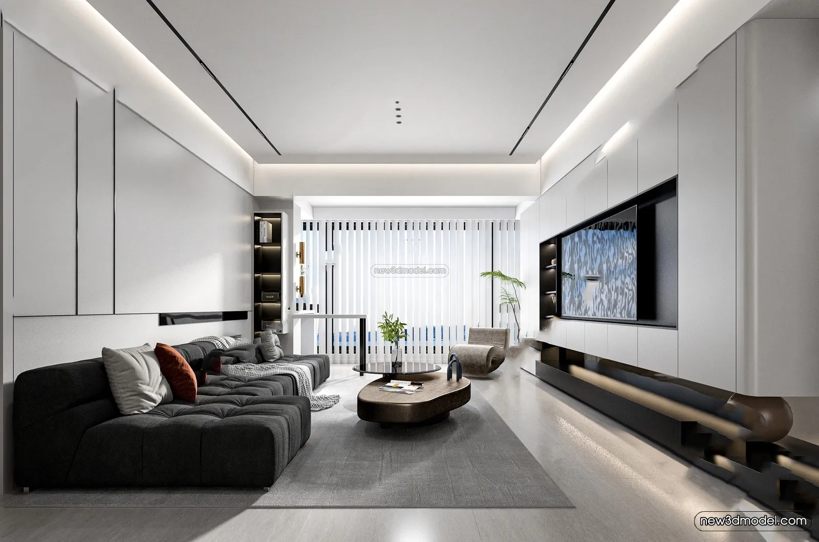 Black – White – Gray Colors Interior 3D Blocks – Living Room 3D Scene – 072 – VRAY