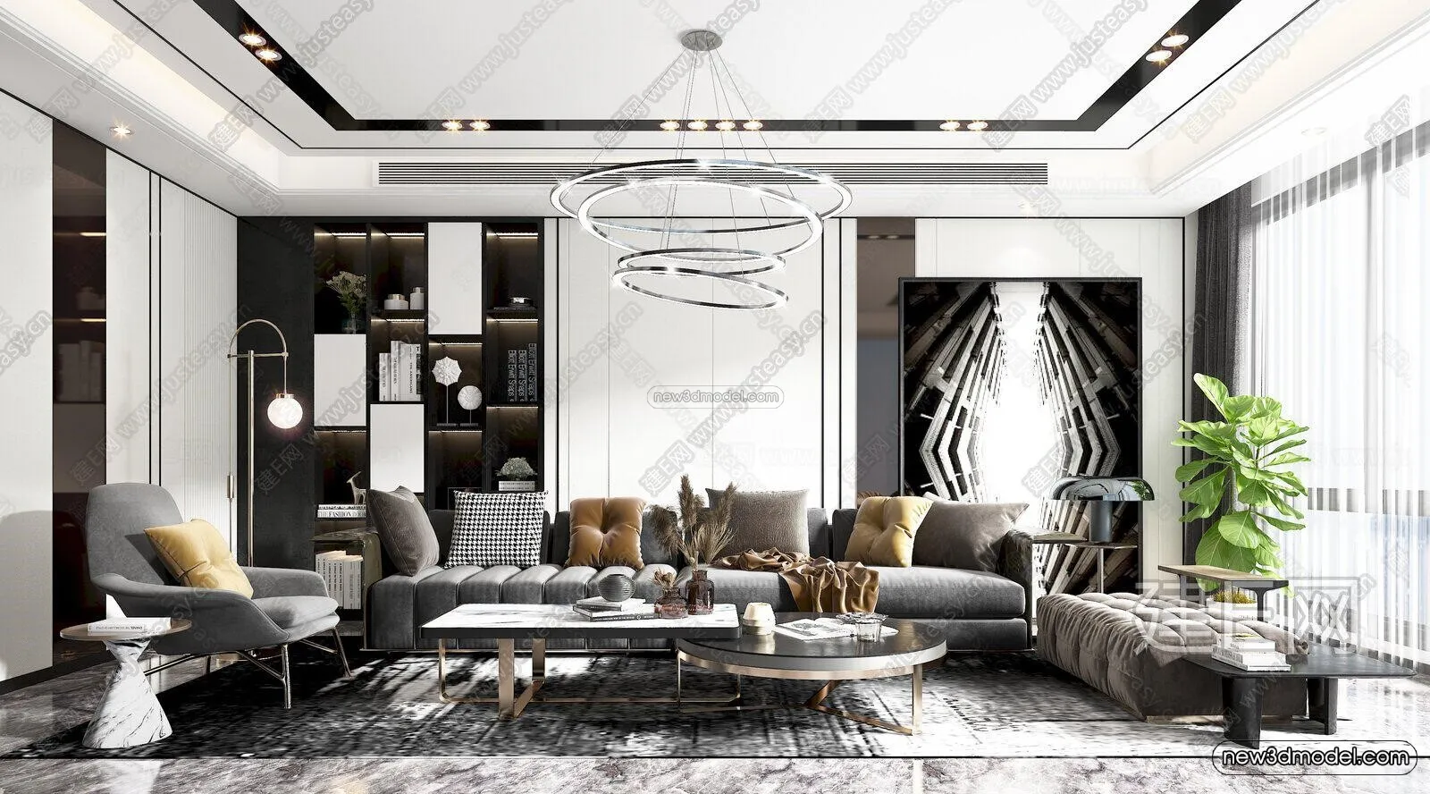 Black – White – Gray Colors Interior 3D Blocks – Living Room 3D Scene – 075 – VRAY