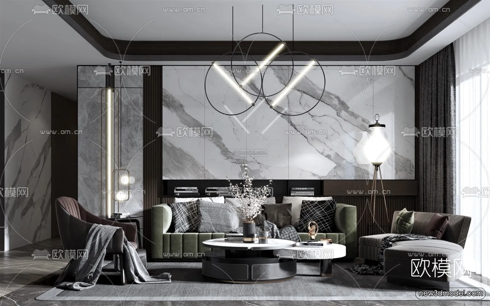 Black – White – Gray Colors Interior 3D Blocks – Living Room 3D Scene – 076 – VRAY