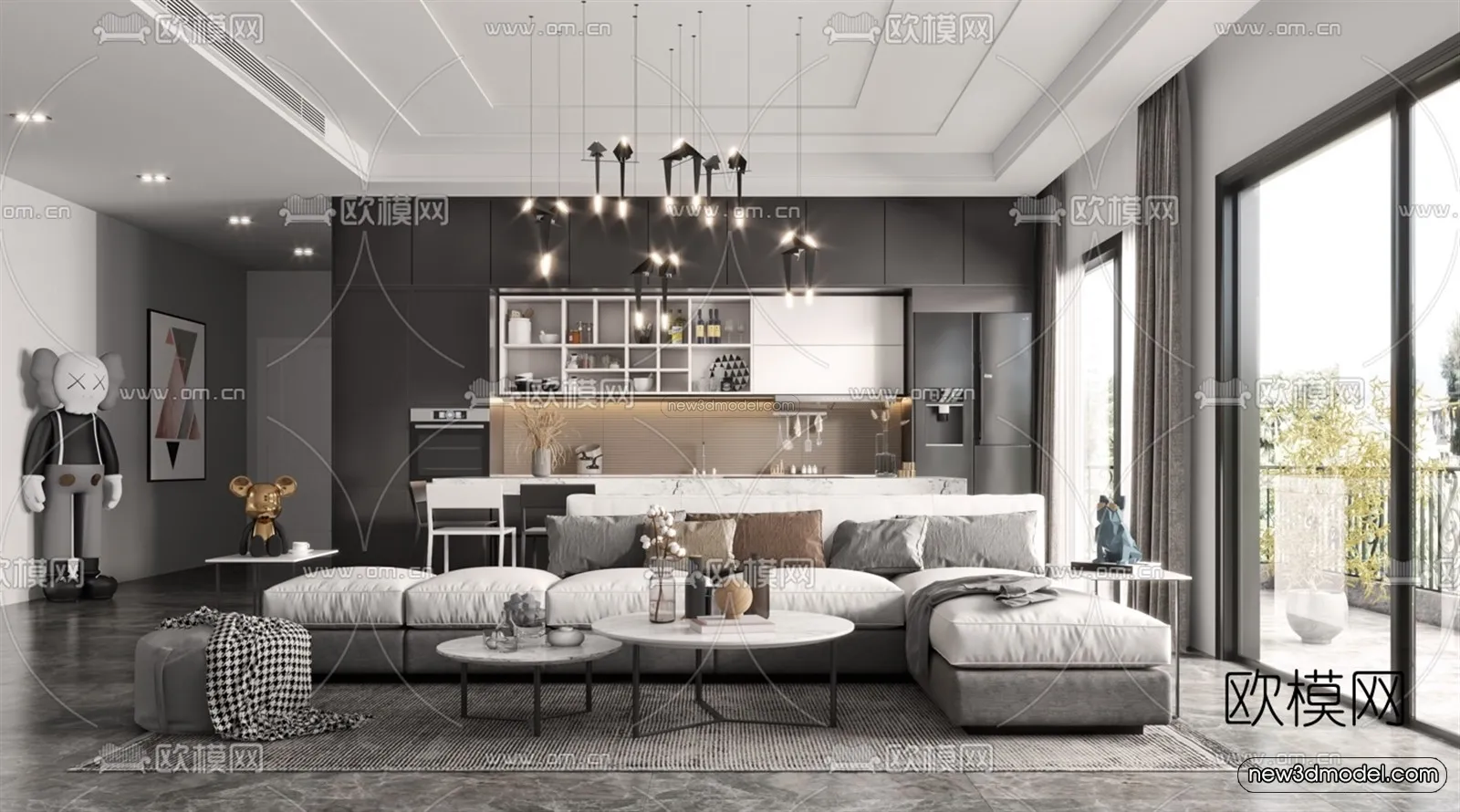 Black – White – Gray Colors Interior 3D Blocks – Living Room 3D Scene – 077 – VRAY