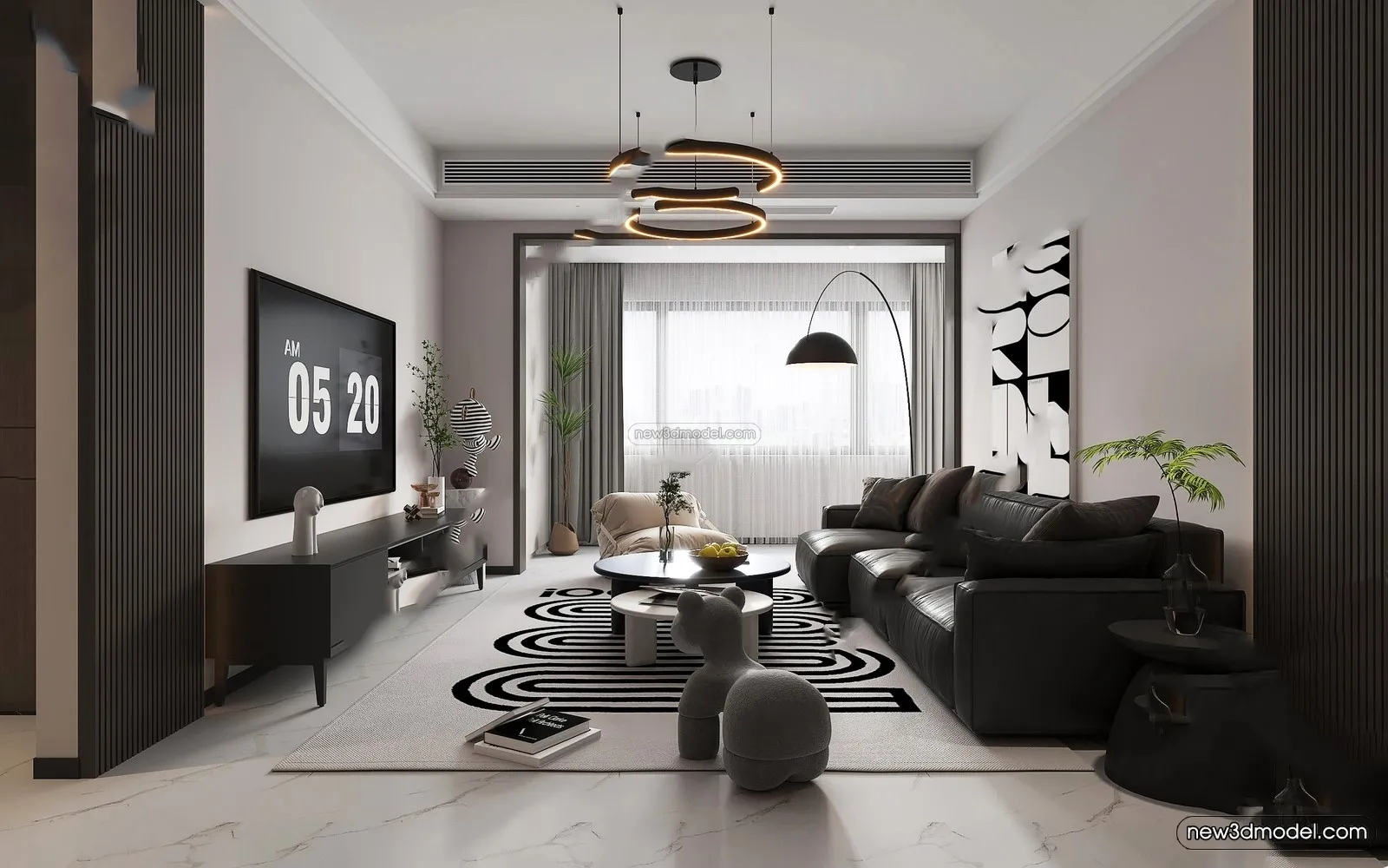 Black – White – Gray Colors Interior 3D Blocks – Living Room 3D Scene – 078 – VRAY