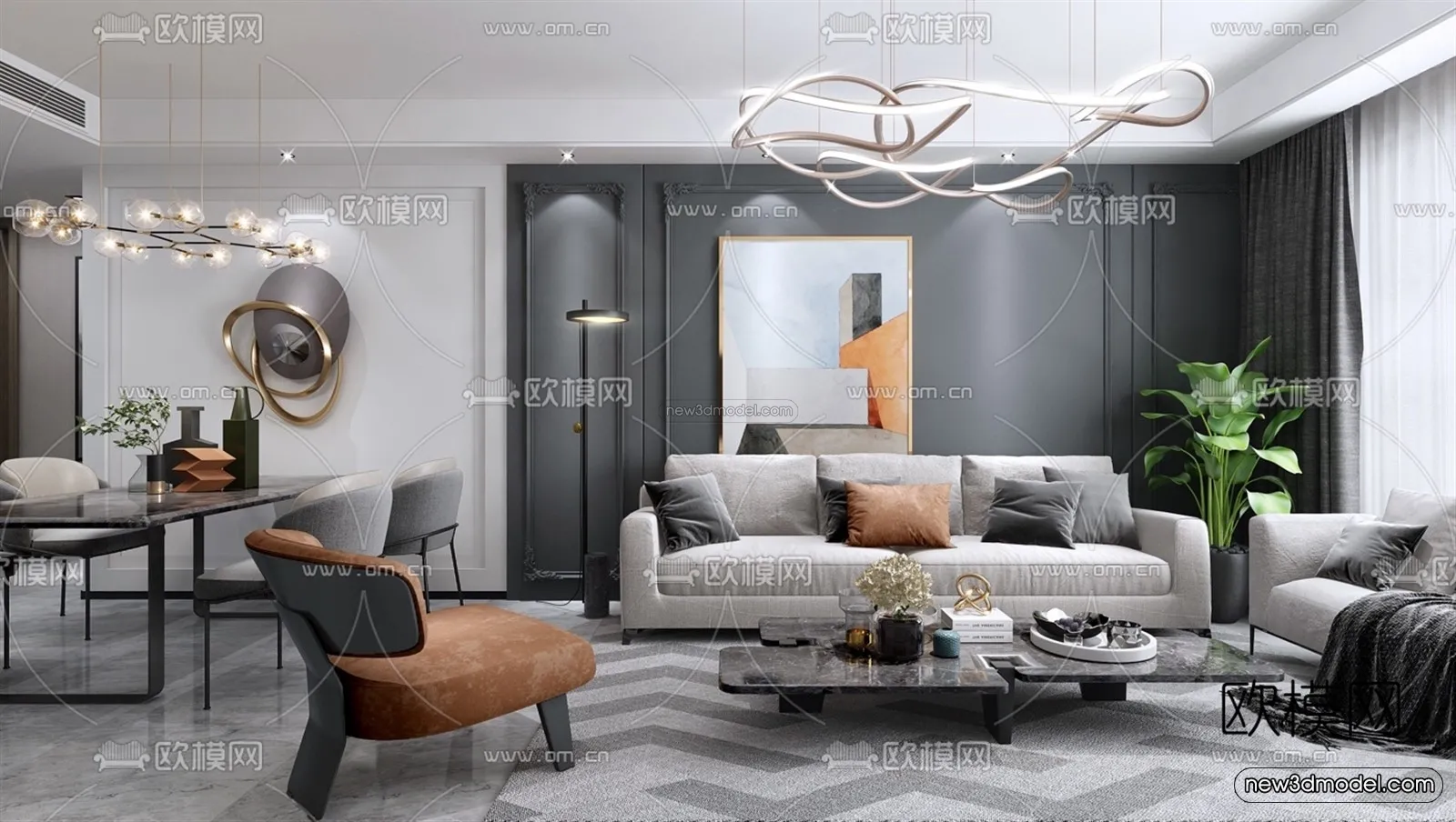 Black – White – Gray Colors Interior 3D Blocks – Living Room 3D Scene – 083 – VRAY