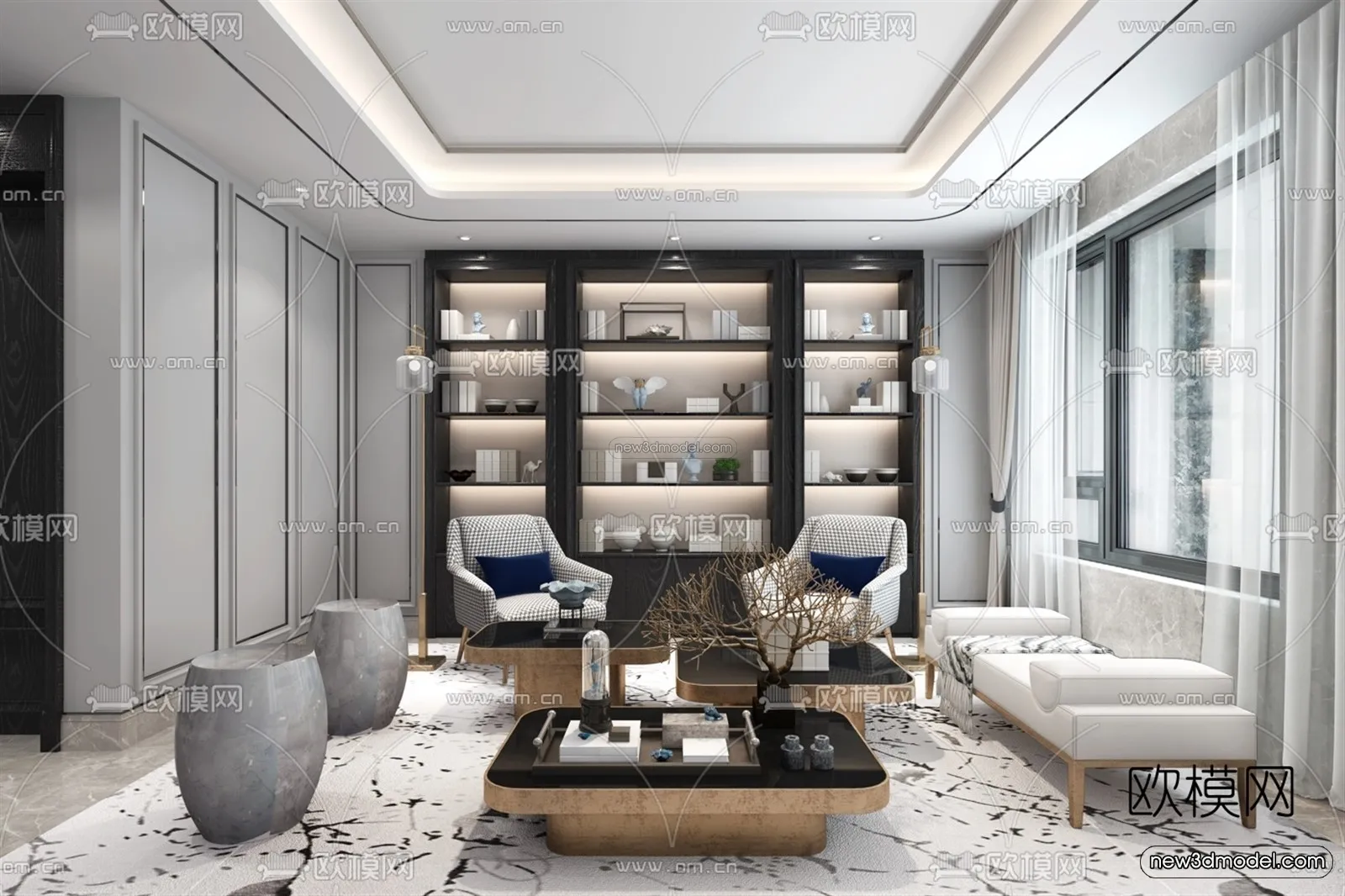 Black – White – Gray Colors Interior 3D Blocks – Living Room 3D Scene – 084 – VRAY