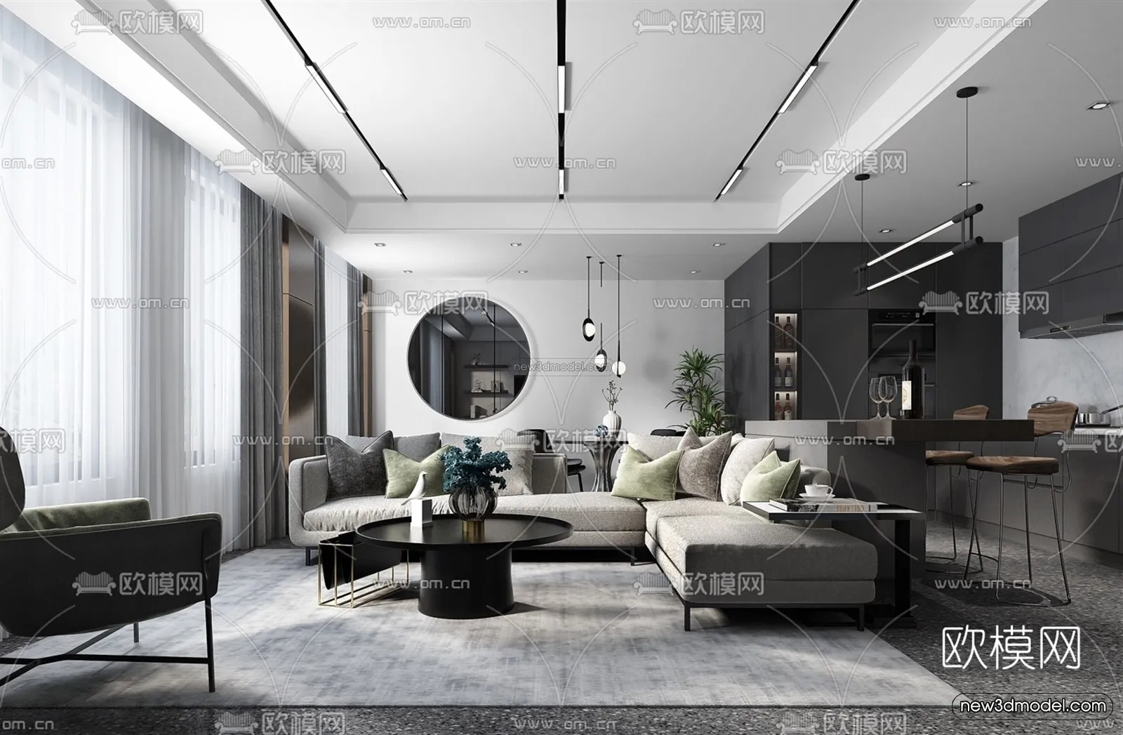 Black – White – Gray Colors Interior 3D Blocks – Living Room 3D Scene – 086 – VRAY