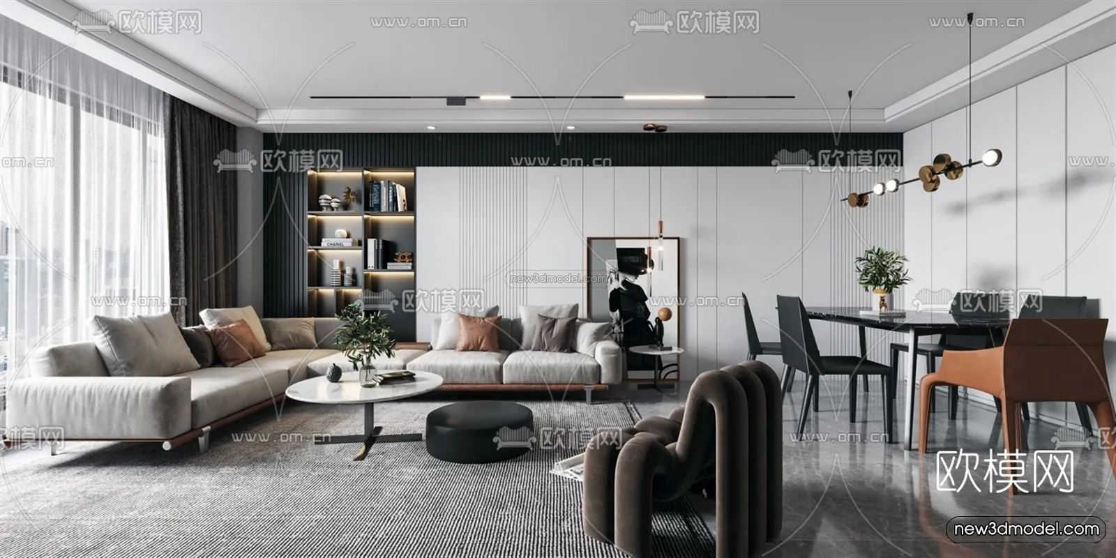 Black – White – Gray Colors Interior 3D Blocks – Living Room 3D Scene – 087 – VRAY